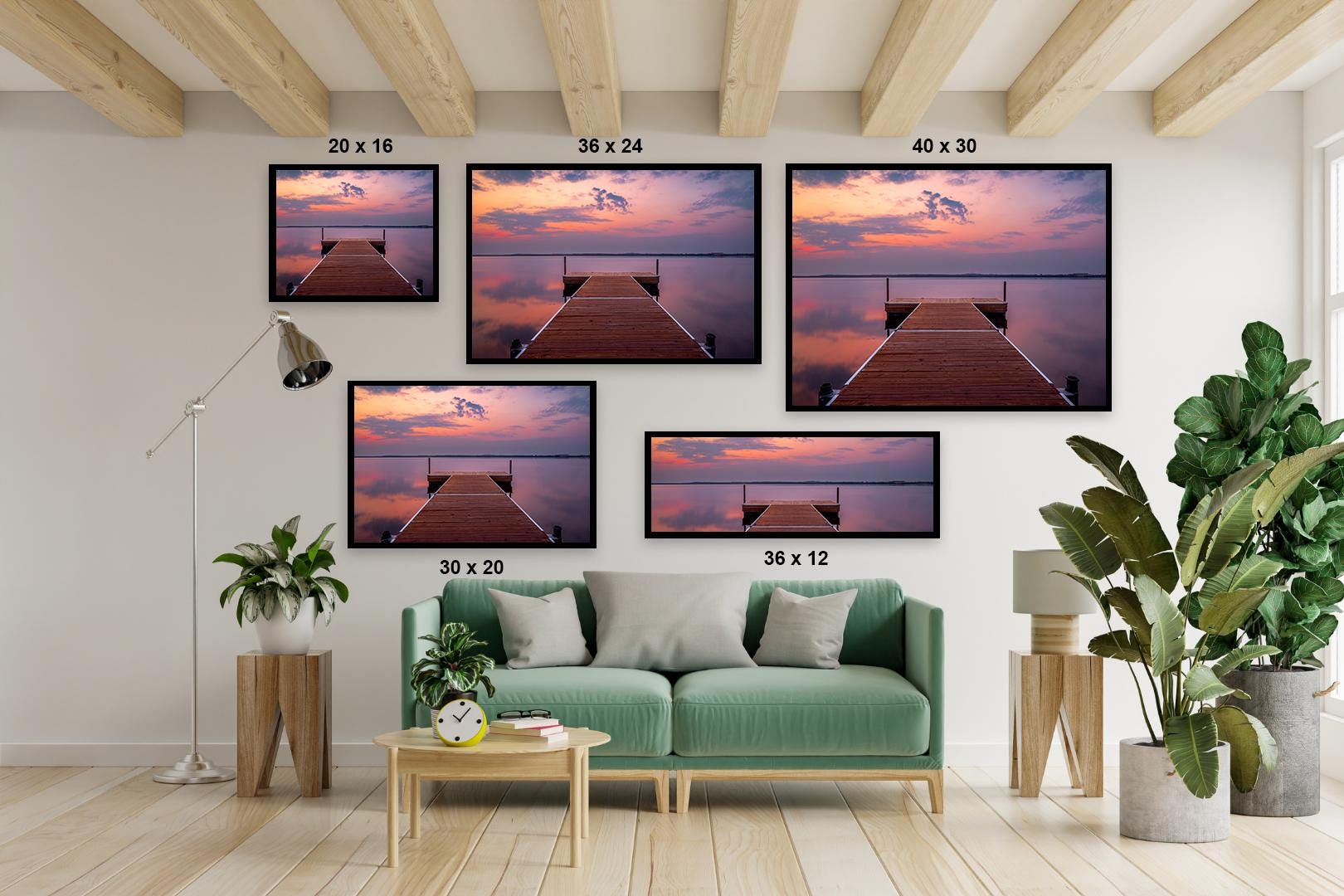 Sunset over calm Lake Bemidji with dock view and pastel skies before a summer storm multi diagram framed wall arts.