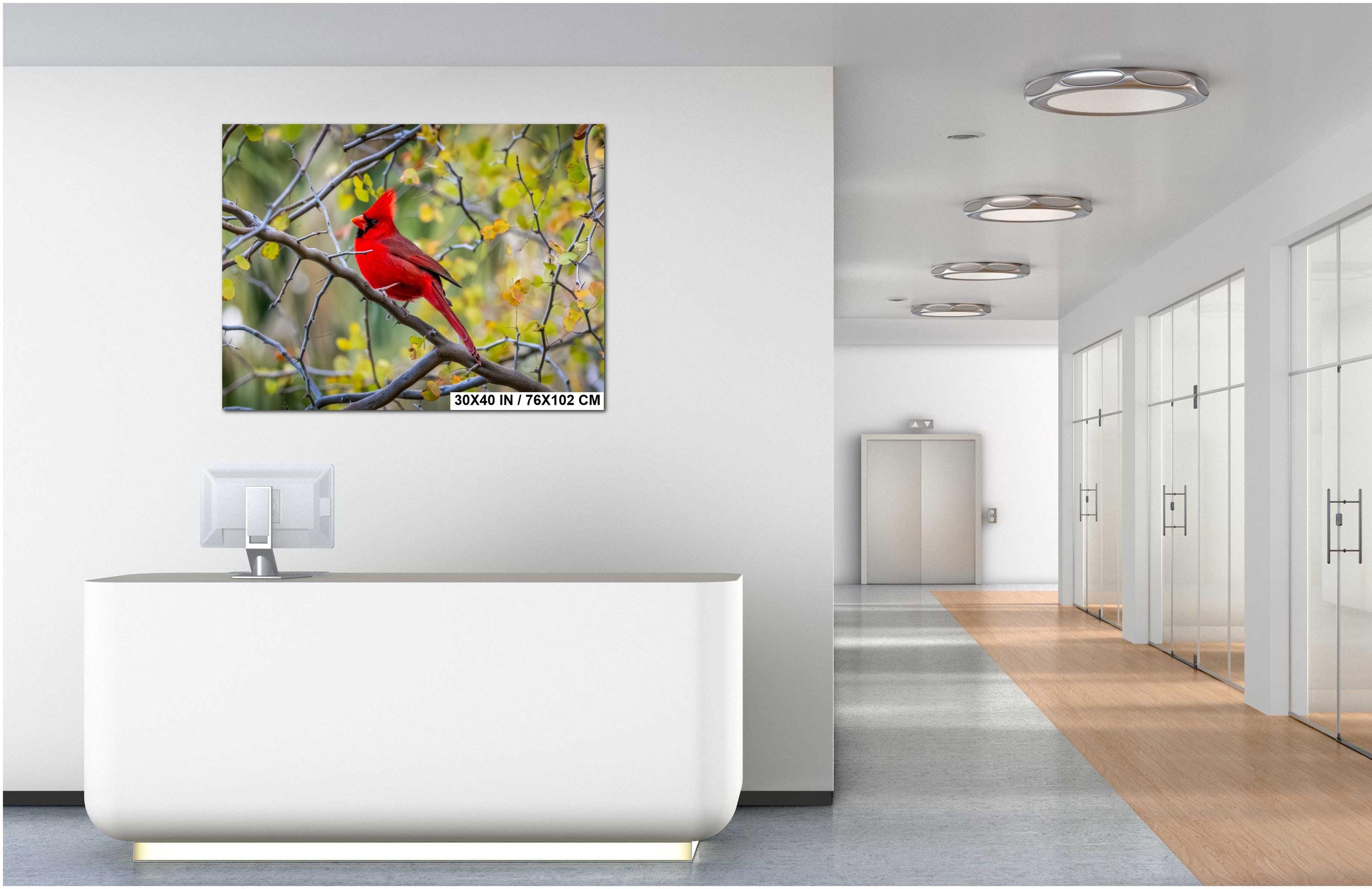 Modern office interior with a large wall art  displaying a red cardinal on a wall.