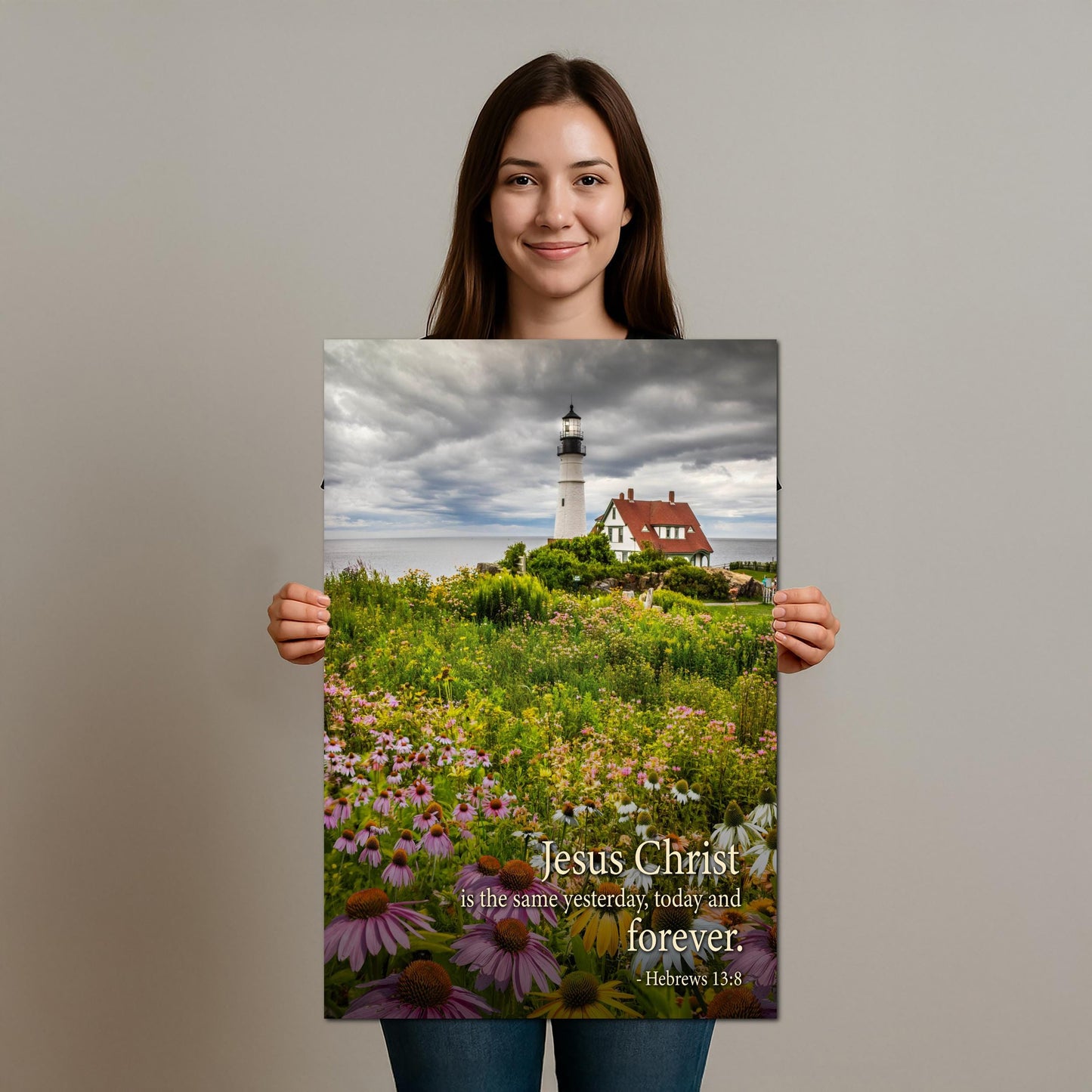 Lighthouse Wall Art – Portland Head Light Christian Wall Decor With Hebrews 13 8 Print