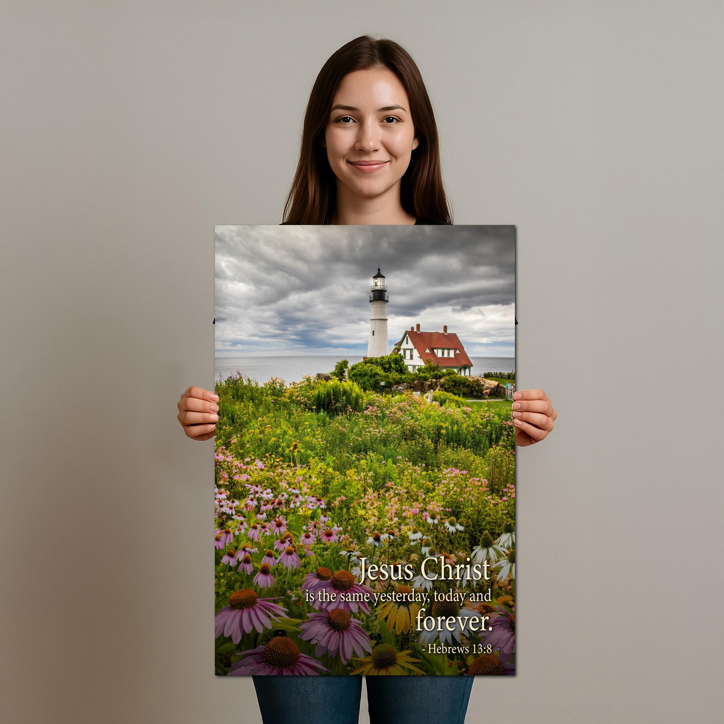 Lighthouse Wall Art – Portland Head Light Christian Wall Decor With Hebrews 13 8 Print