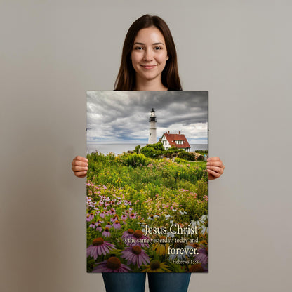 Lighthouse Wall Art – Portland Head Light Christian Wall Decor With Hebrews 13 8 Print