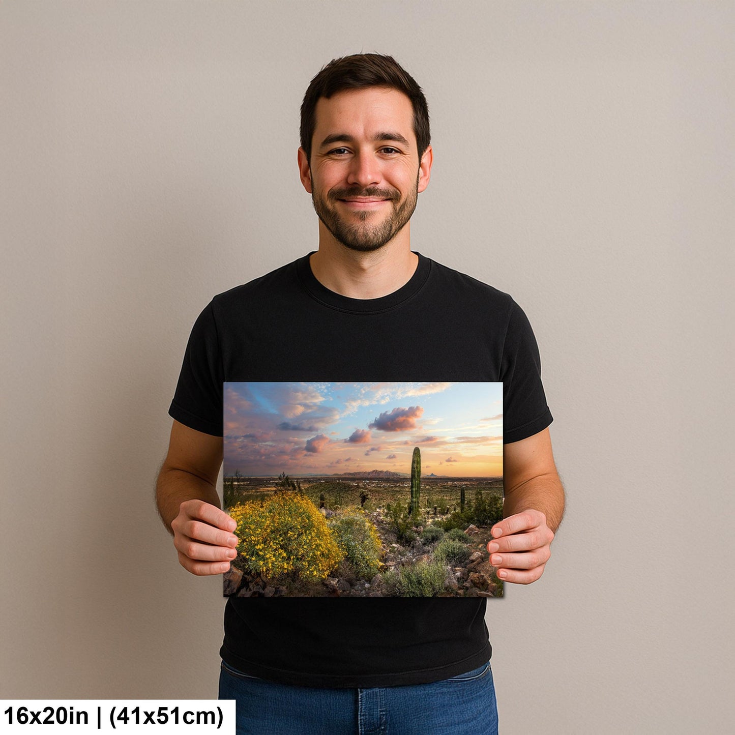 Arizona Sunset Overlook with Saguaros and Wildflowers - Casa Grande Sonoran Desert Photography Print