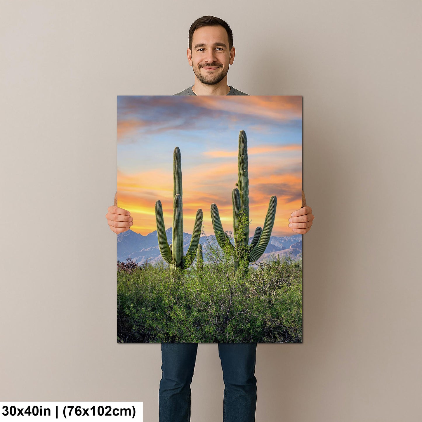 Desert Sunset with Giant Saguaros Photography Print, Tucson Arizona Wall Art, Southwest Landscape Decor