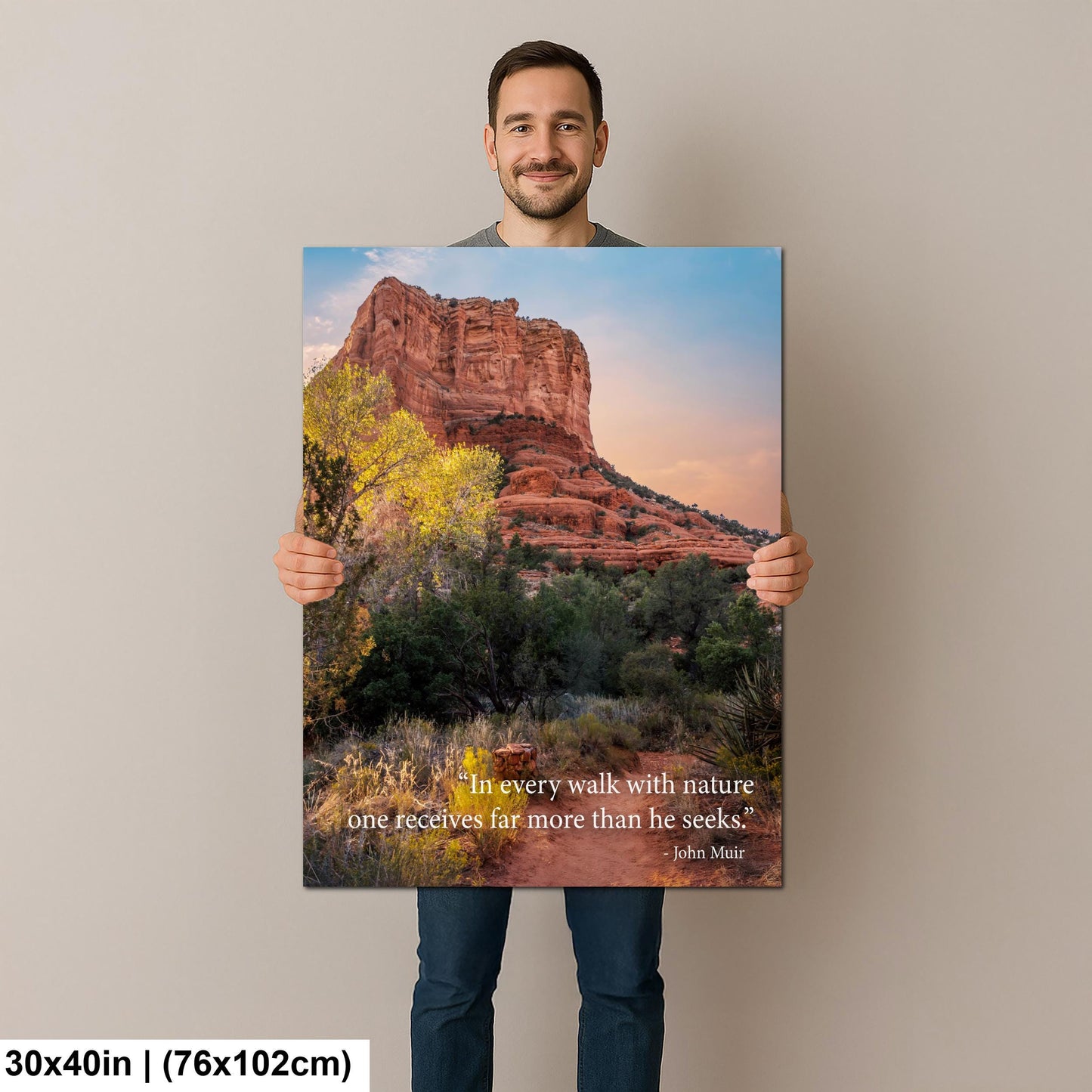 John Muir Inspirational Quote Wall Art for Calm and Reflection, Red Rock Nature Photography Print for Home or Office Decor