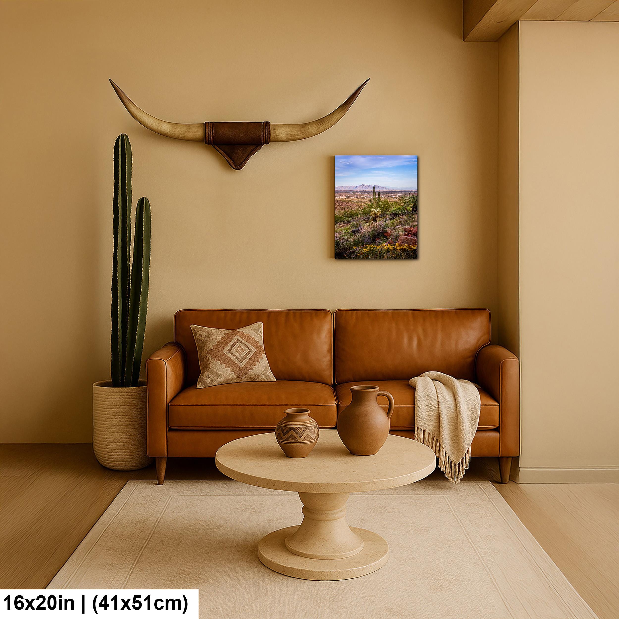 Mountain View Hike with Saguaros and Wildflowers, Casa Grande Arizona Desert Wall Art