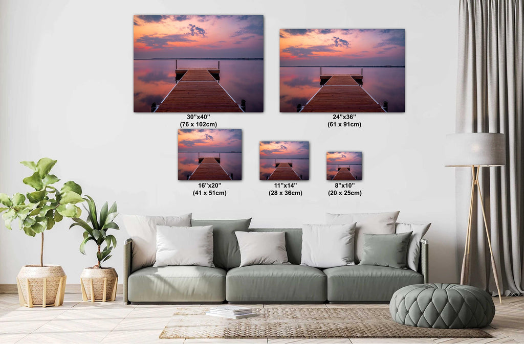 Sunset over calm Lake Bemidji with dock view and pastel skies before a summer storm multi diagram hanging wall arts.