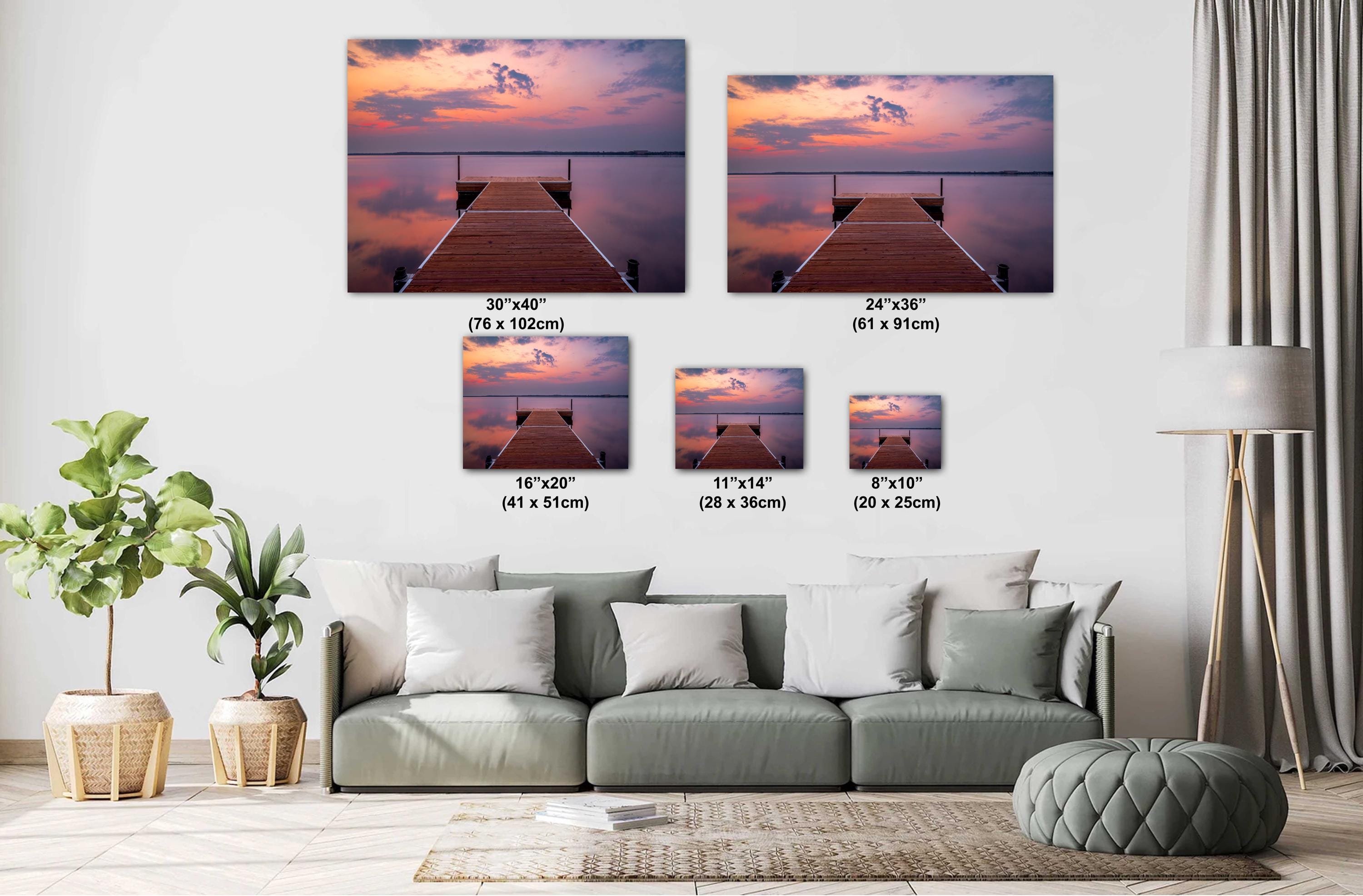 Sunset over calm Lake Bemidji with dock view and pastel skies before a summer storm multi diagram hanging wall arts.
