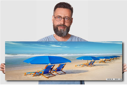 Seaside Escapade:  Blue Umbrella Beach Florida Seascape Photography Metal Canvas Wall Art Print