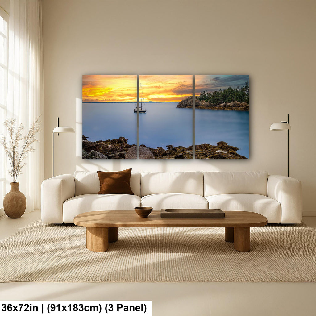 Peaceful Mooring: Sailboat Coastal Maine Harbor Sunset Photography Wall Art
