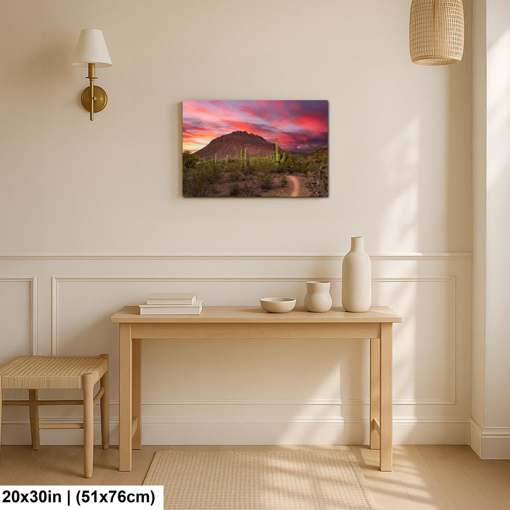 Fiery Desert Sunset with Saguaros, Tucson Arizona Photography Print, Southwest Wall Art, Dramatic Sky Decor