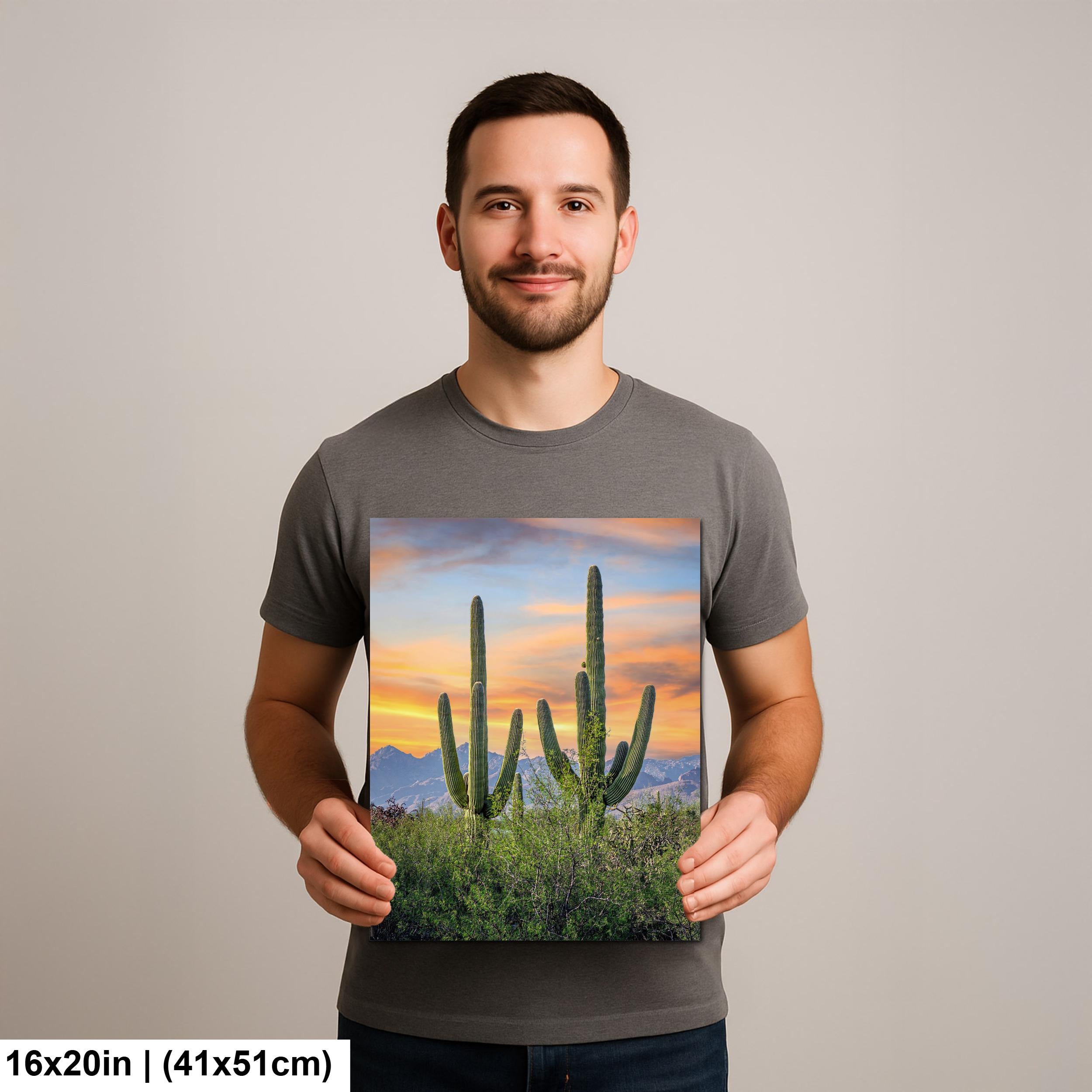 Desert Sunset with Giant Saguaros Photography Print, Tucson Arizona Wall Art, Southwest Landscape Decor