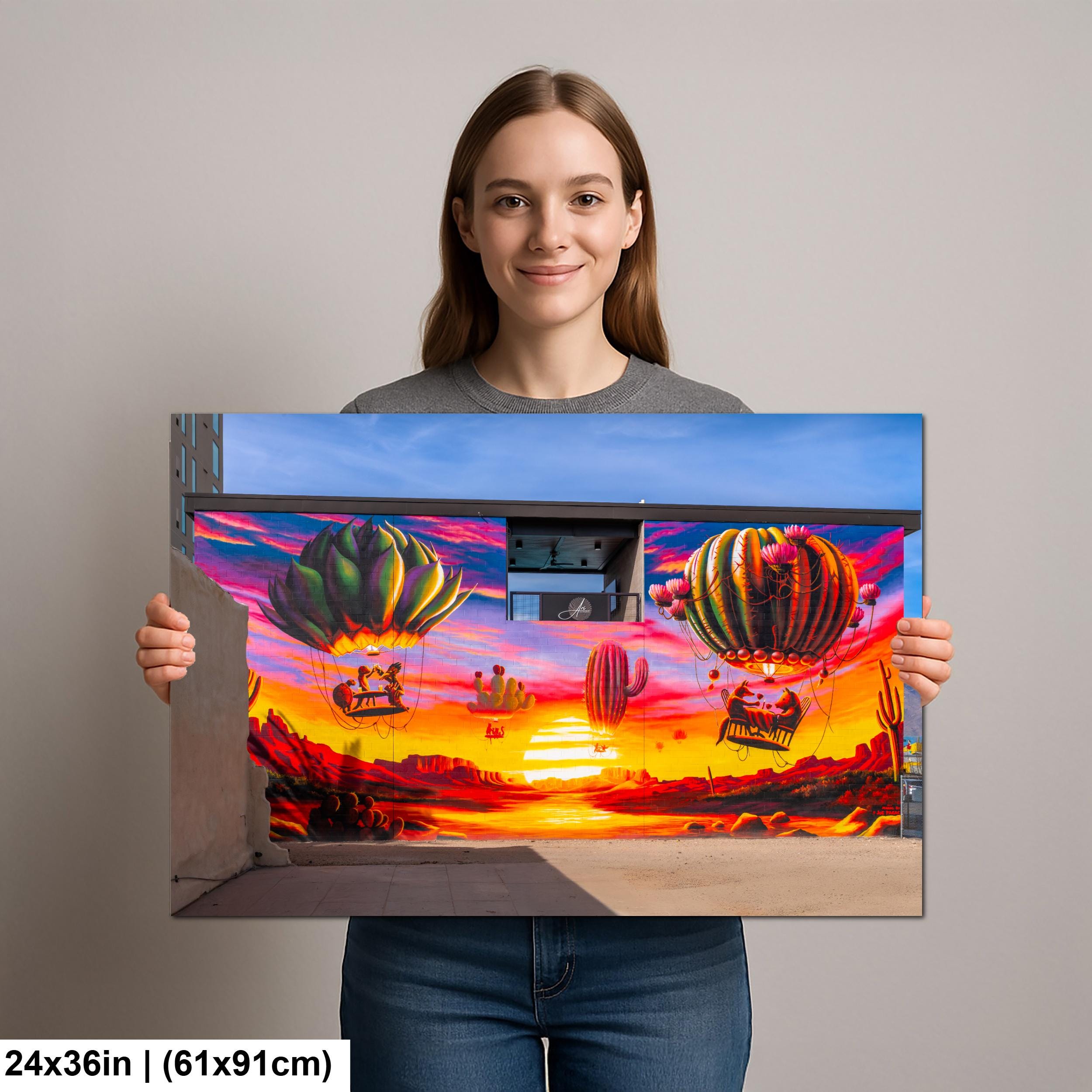 Tucson Mural - Surreal Desert Mural With Floating Cactus Balloons, Photography Print Wall Art