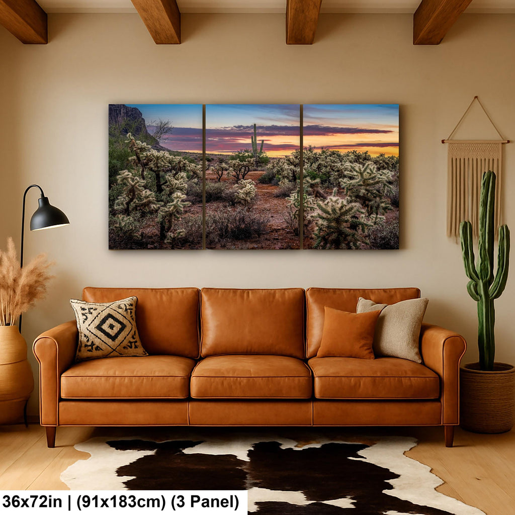 Desert Sunset Photograph, Cholla Cactus and Saguaros, Arizona Landscape Wall Art