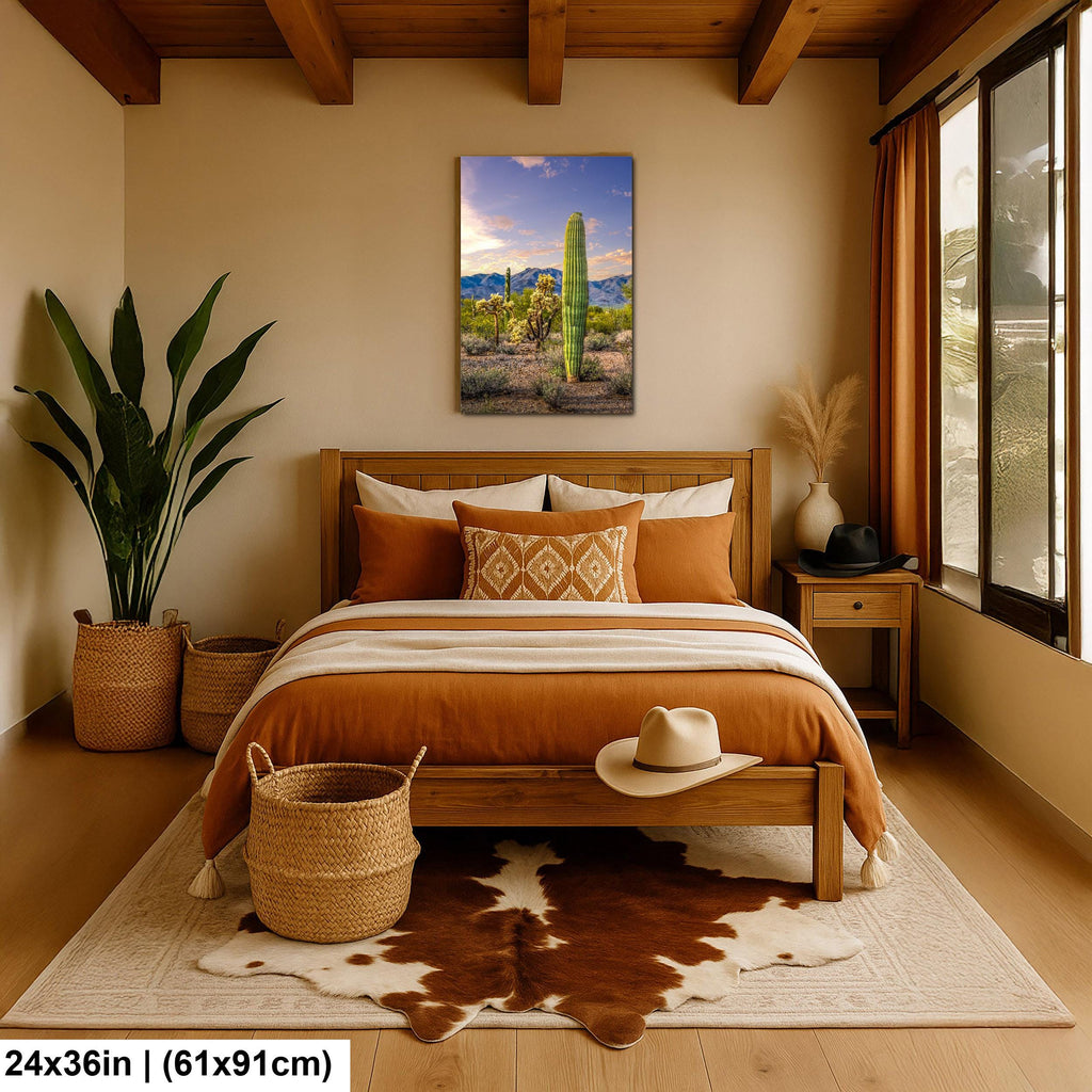 Golden Hour Saguaros and Cholla in Bloom Desert Photography Print, Tucson Arizona Southwest Wall Art Decor