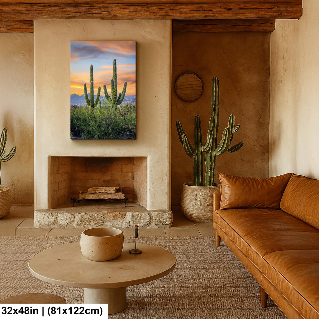 Desert Sunset with Giant Saguaros Photography Print, Tucson Arizona Wall Art, Southwest Landscape Decor