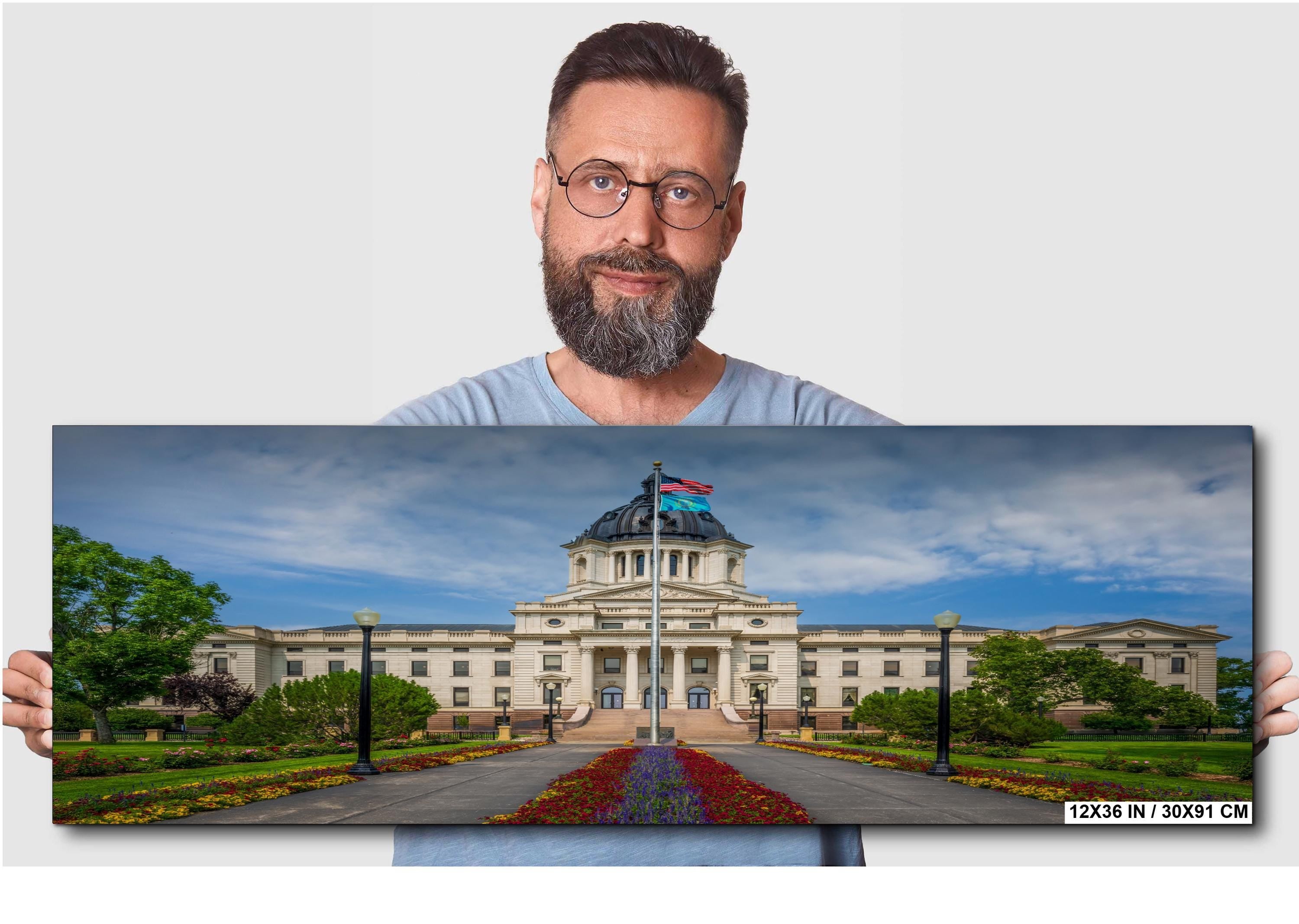 South Dakota Capitol Building Pierre SD, Flower Garden Flags Photography Wall Art