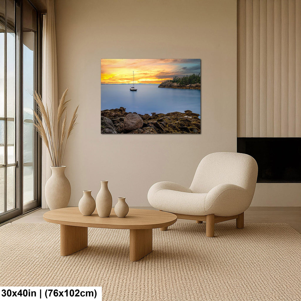 Peaceful Mooring: Sailboat Coastal Maine Harbor Sunset Photography Wall Art