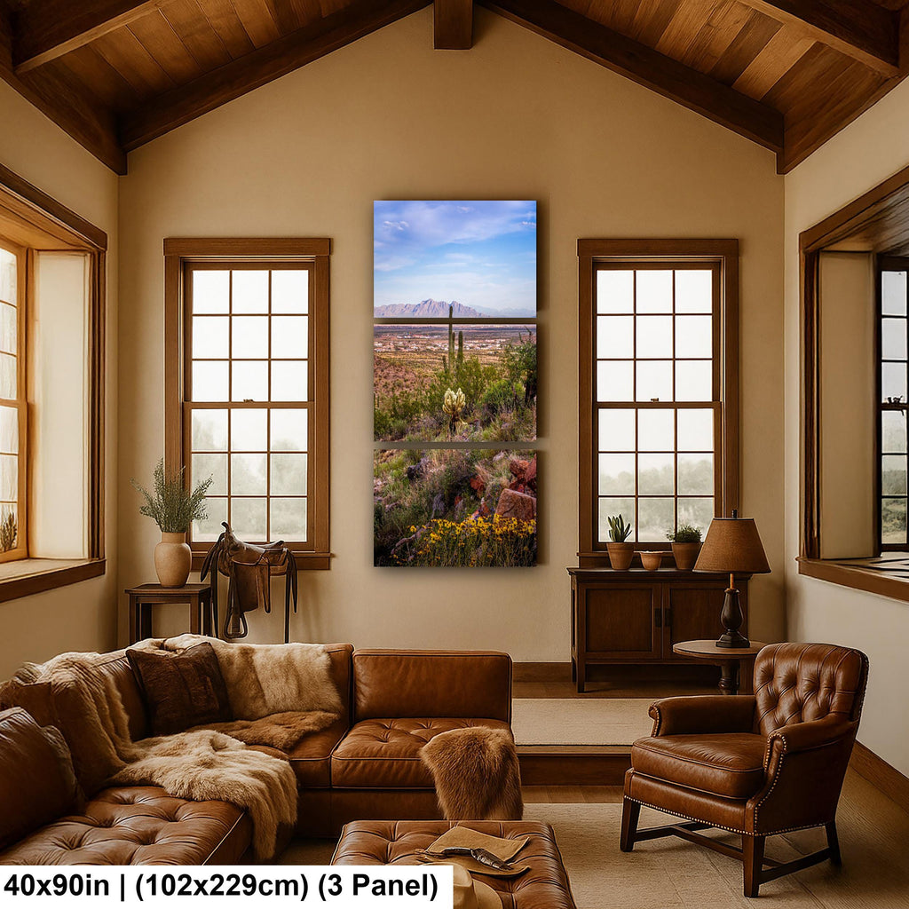 Mountain View Hike with Saguaros and Wildflowers, Casa Grande Arizona Desert Wall Art