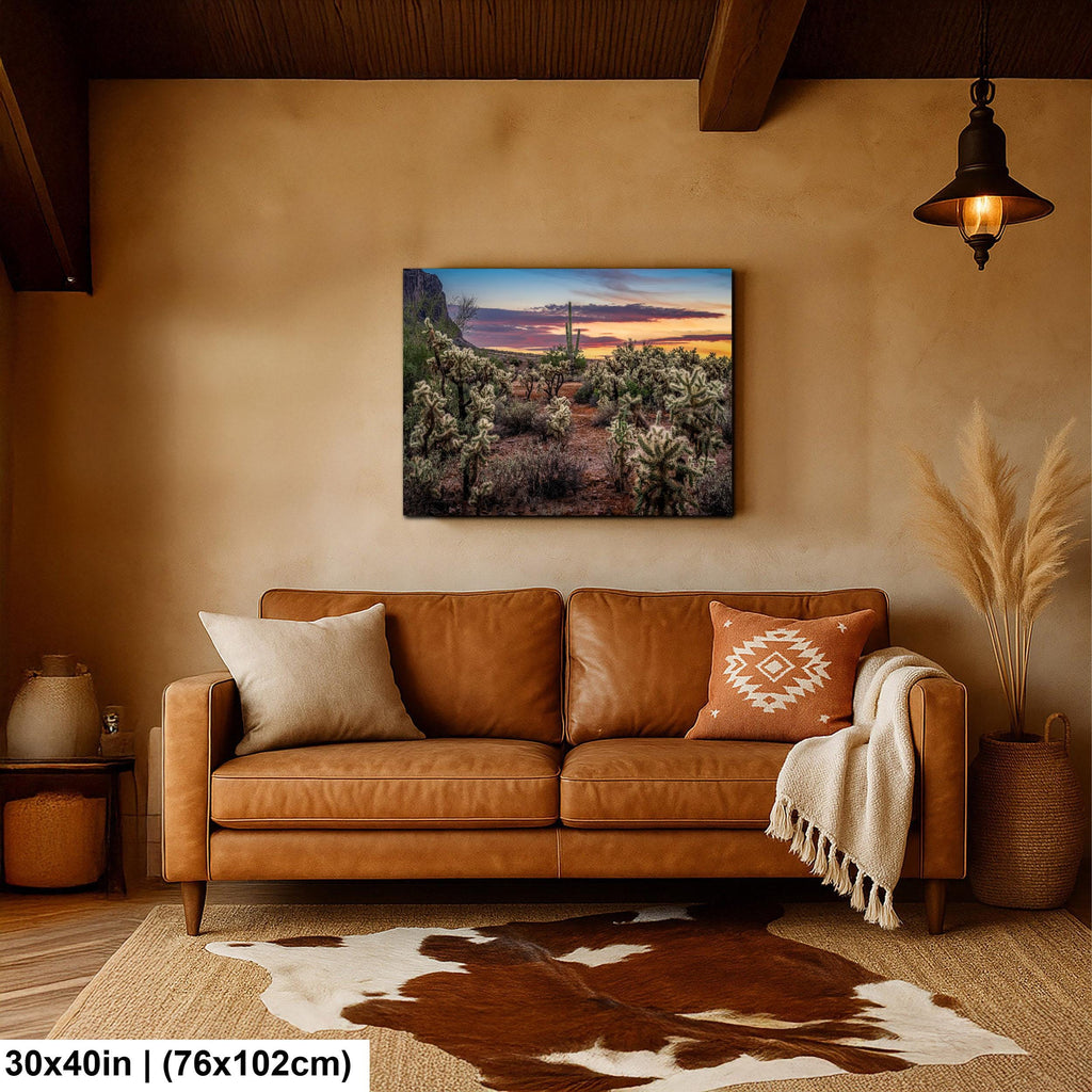 Desert Sunset Photograph, Cholla Cactus and Saguaros, Arizona Landscape Wall Art