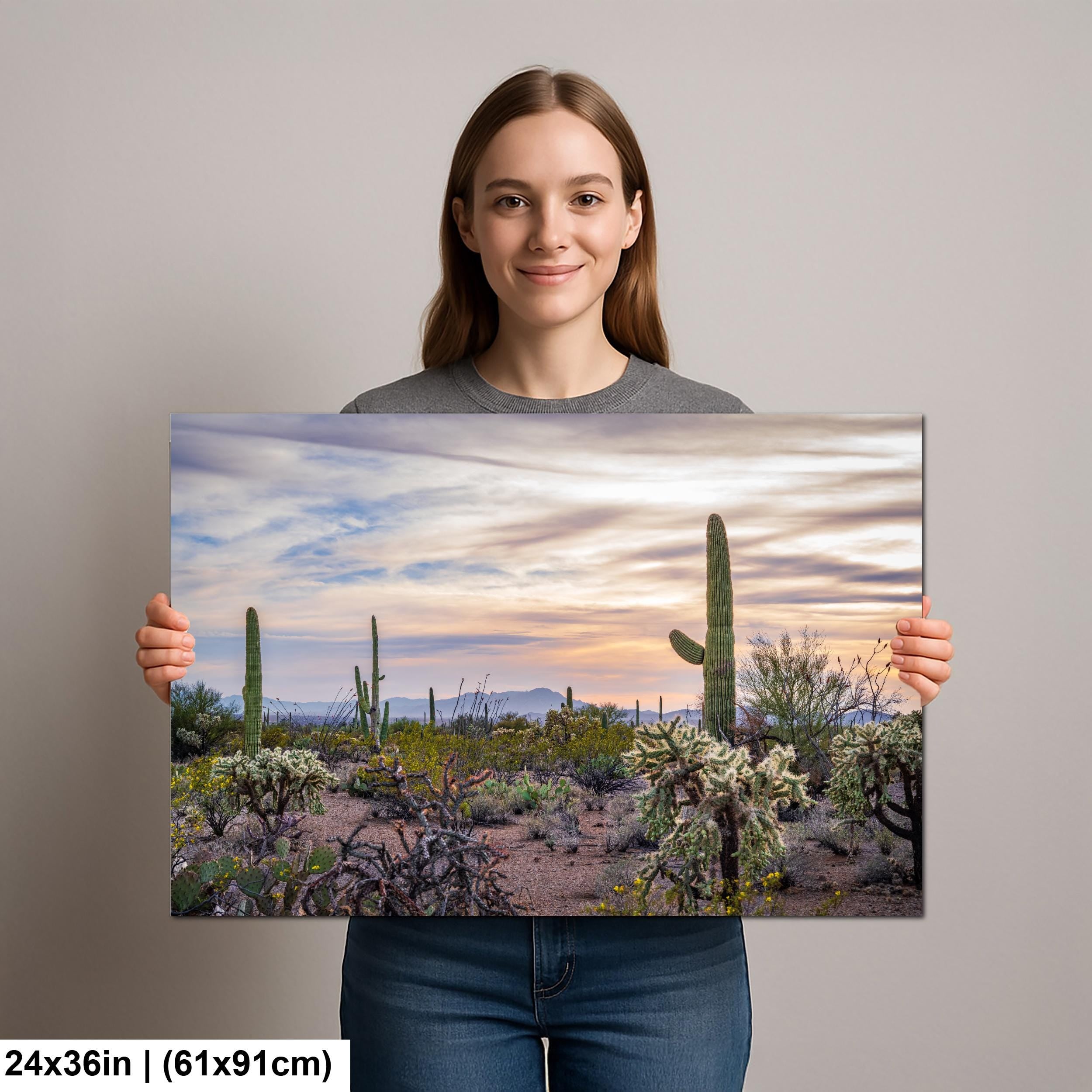 Pastel Desert Sunset with Saguaros and Cholla Tucson Arizona Photography Print