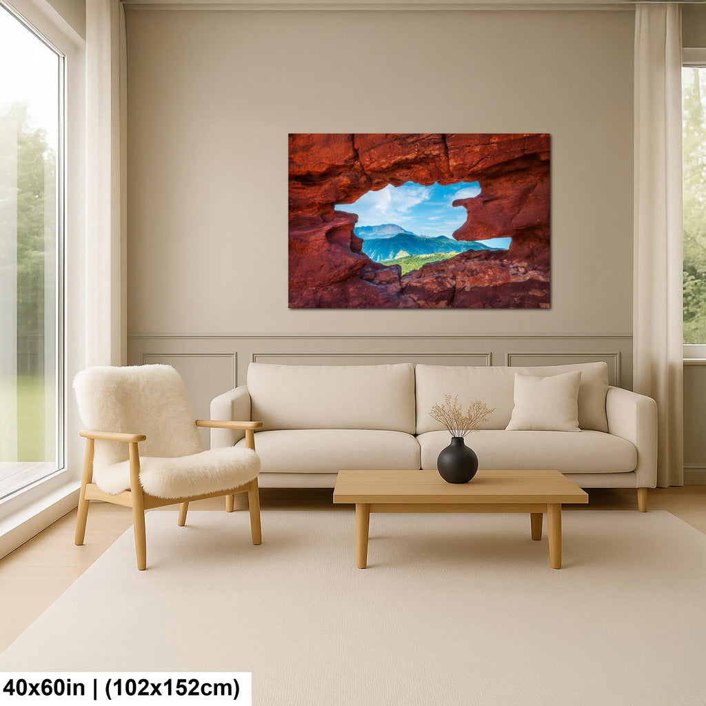 Garden of the Gods Window Colorado Springs Colorado Photography Print, Red Rock Arch, Pikes Peak Mountain Landscape Wall Art