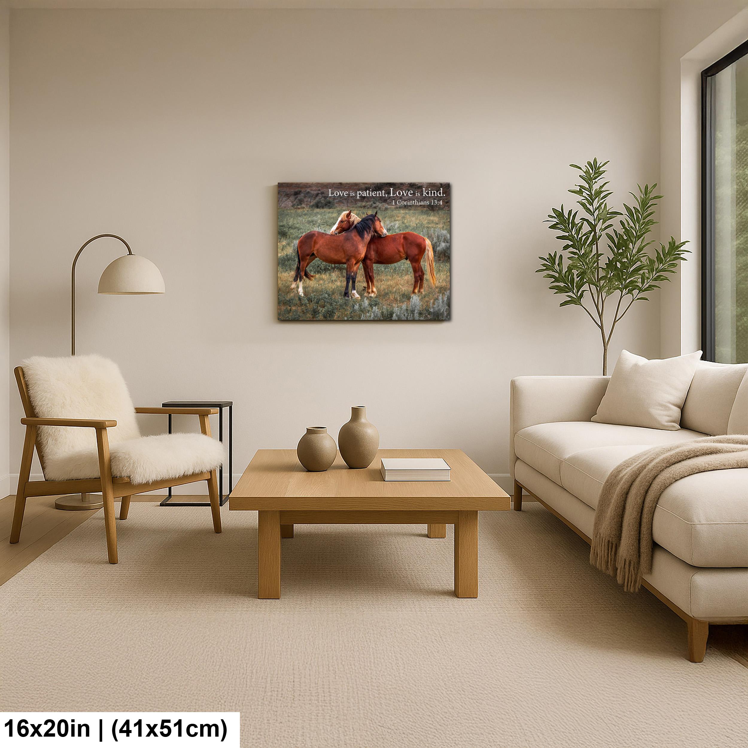 1 Corinthians 13:4 Love Is Patient Love Is Kind Bible Quote, Wild Horses Photography Print, Christian Wall Decor
