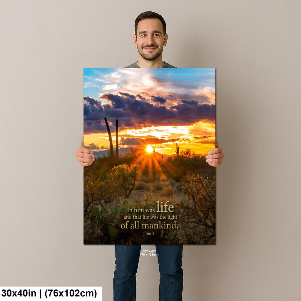 Christian Wall Art - John 1:4 Scripture Print | Arizona Desert Sunset Decor