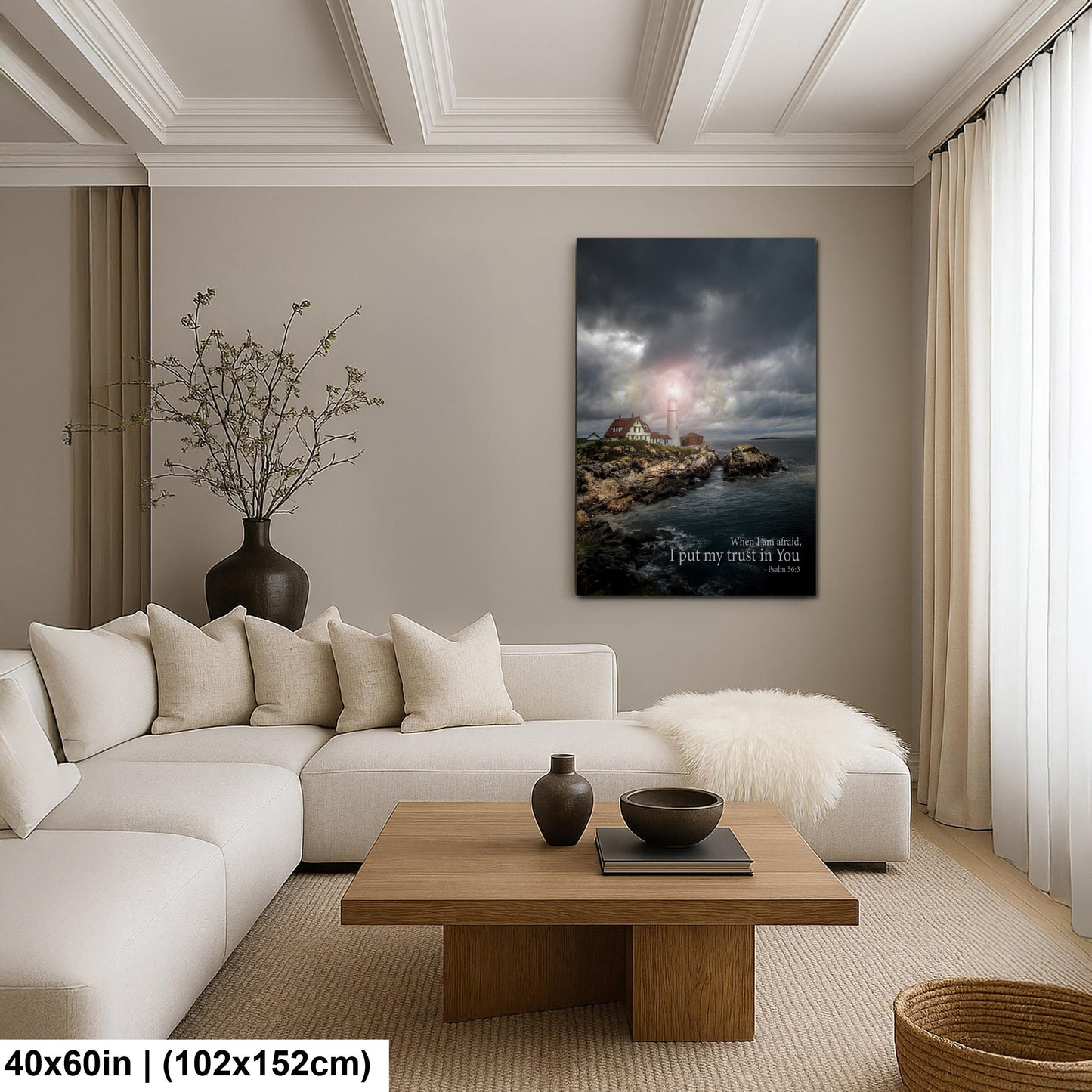 Psalm 56:3 Lighthouse Wall Art – Inspirational Coastal Print with Cape Elizabeth Lighthouse