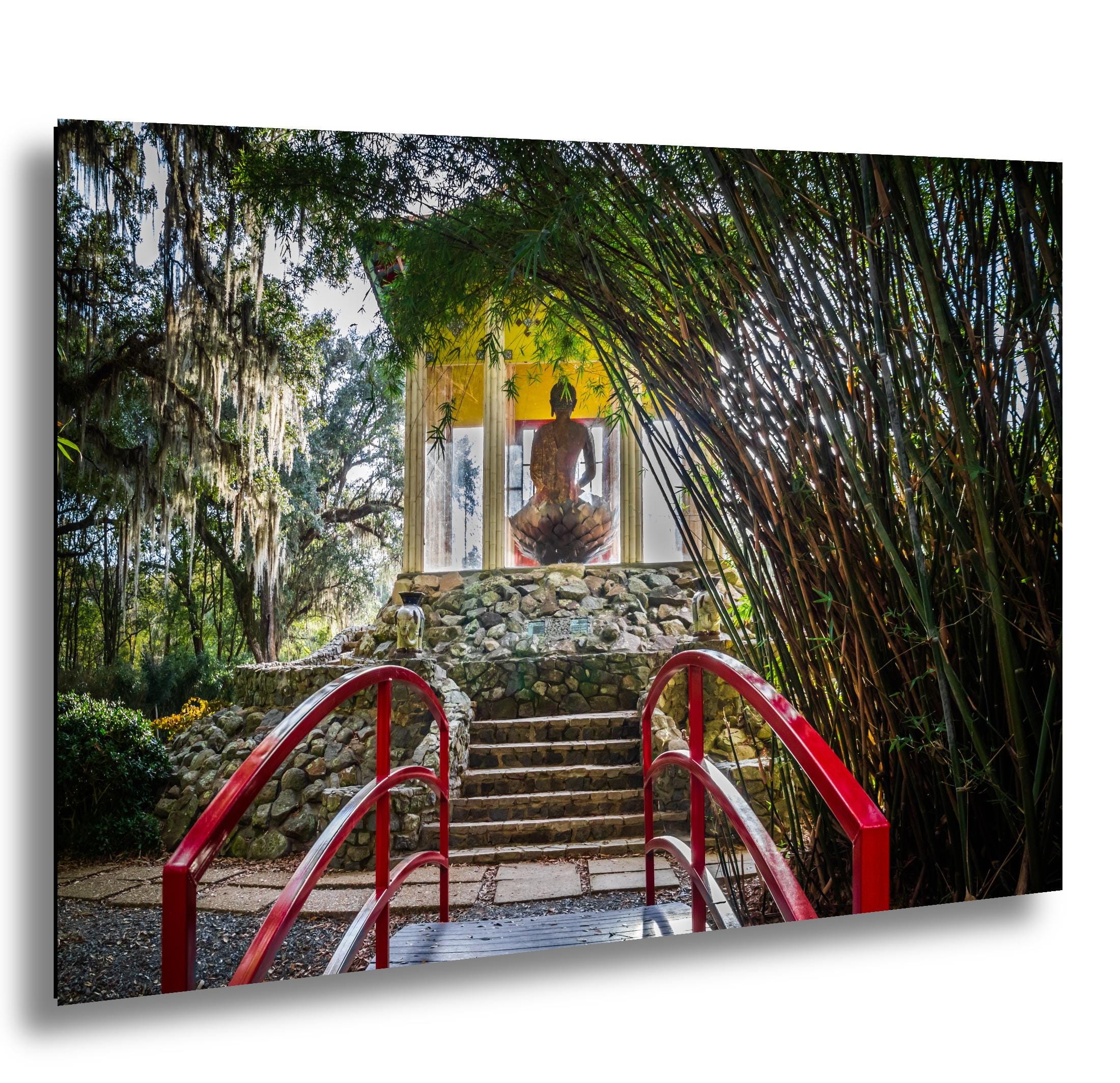 Avery Island Louisiana Buddha Garden Red Bridge Wall Art Photography Print, Jungle Gardens Shrine, Southern Landscape Aluminum/Metal/Canvas