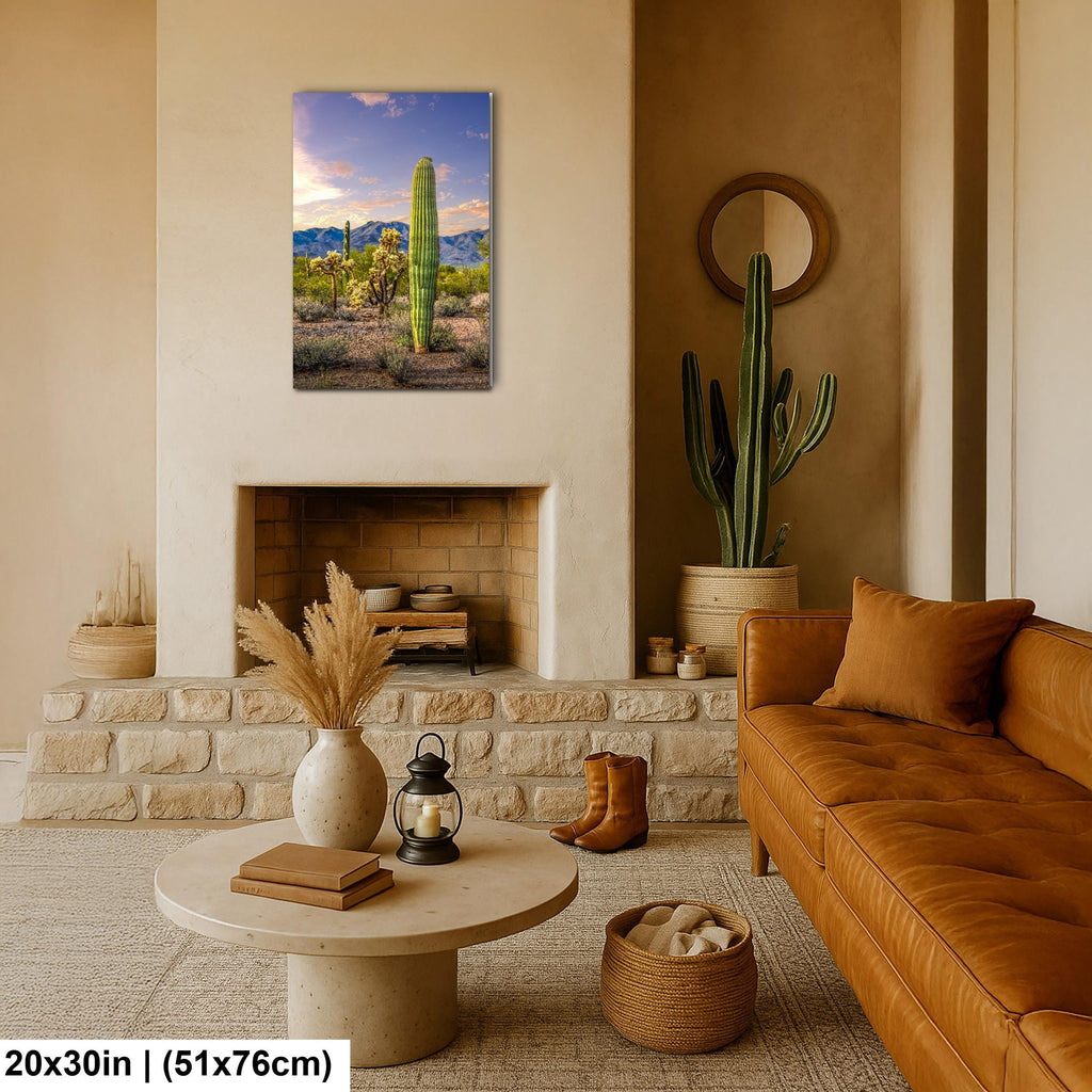Golden Hour Saguaros and Cholla in Bloom Desert Photography Print, Tucson Arizona Southwest Wall Art Decor
