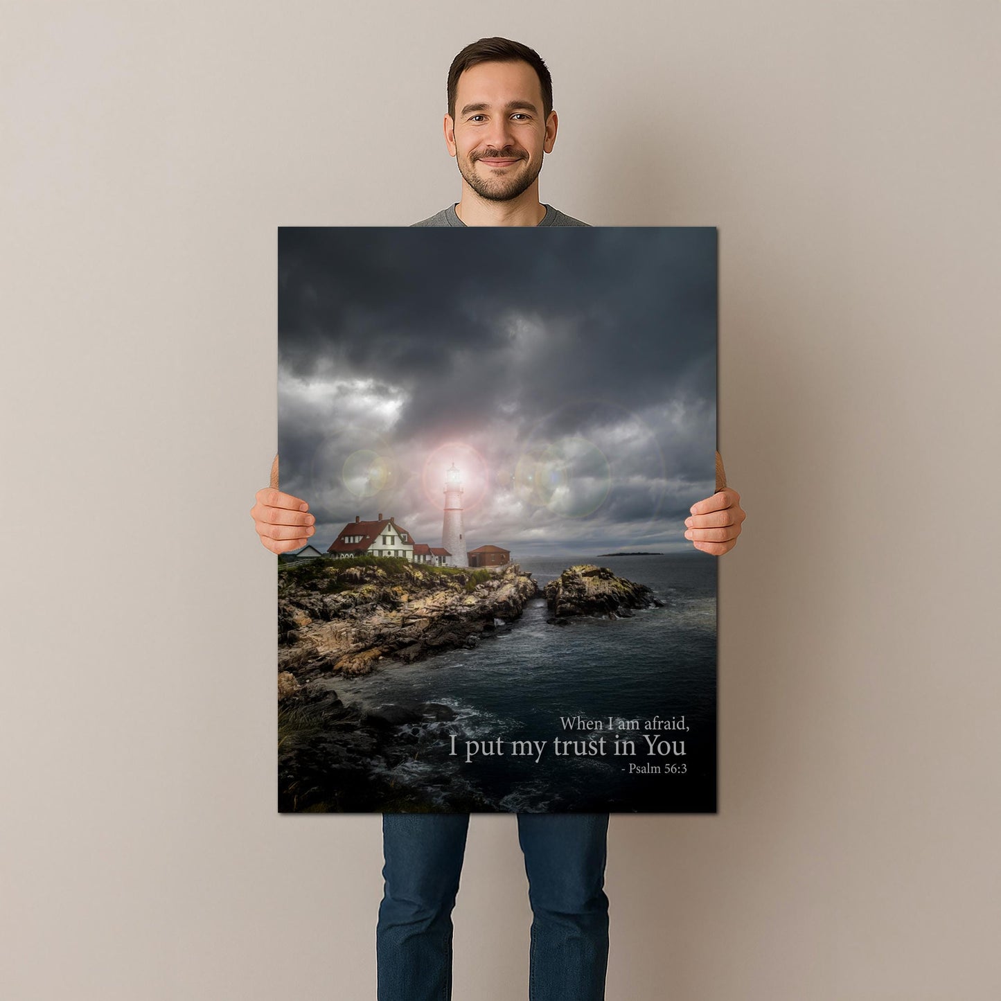 Psalm 56:3 Lighthouse Wall Art – Inspirational Coastal Print with Cape Elizabeth Lighthouse