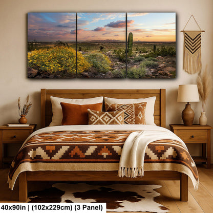 Arizona Sunset Overlook with Saguaros and Wildflowers - Casa Grande Sonoran Desert Photography Print