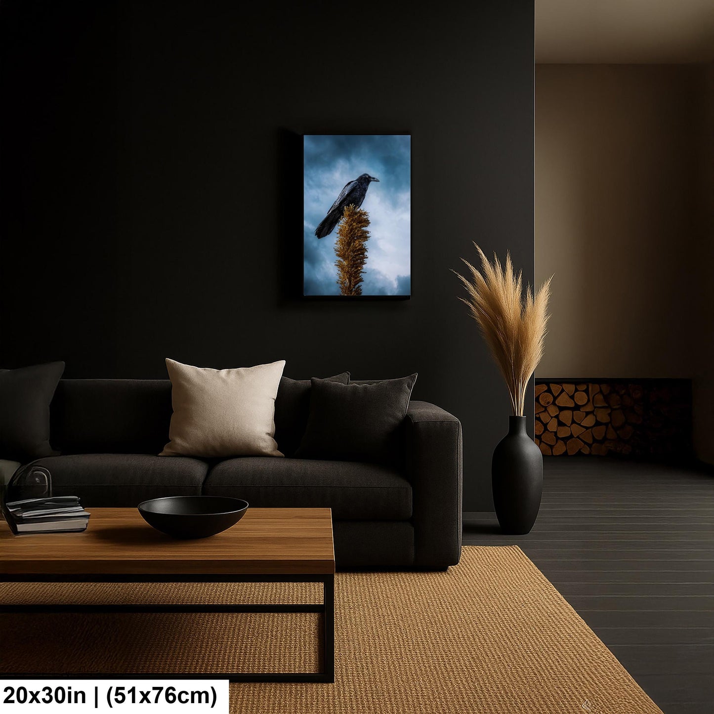 Raven Perched on Golden Agave Stalk - Dramatic Bird Wildlife Photography Print