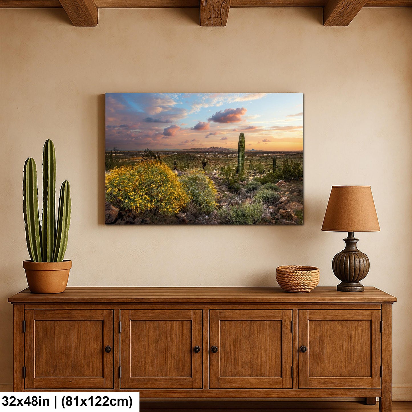 Arizona Sunset Overlook with Saguaros and Wildflowers - Casa Grande Sonoran Desert Photography Print