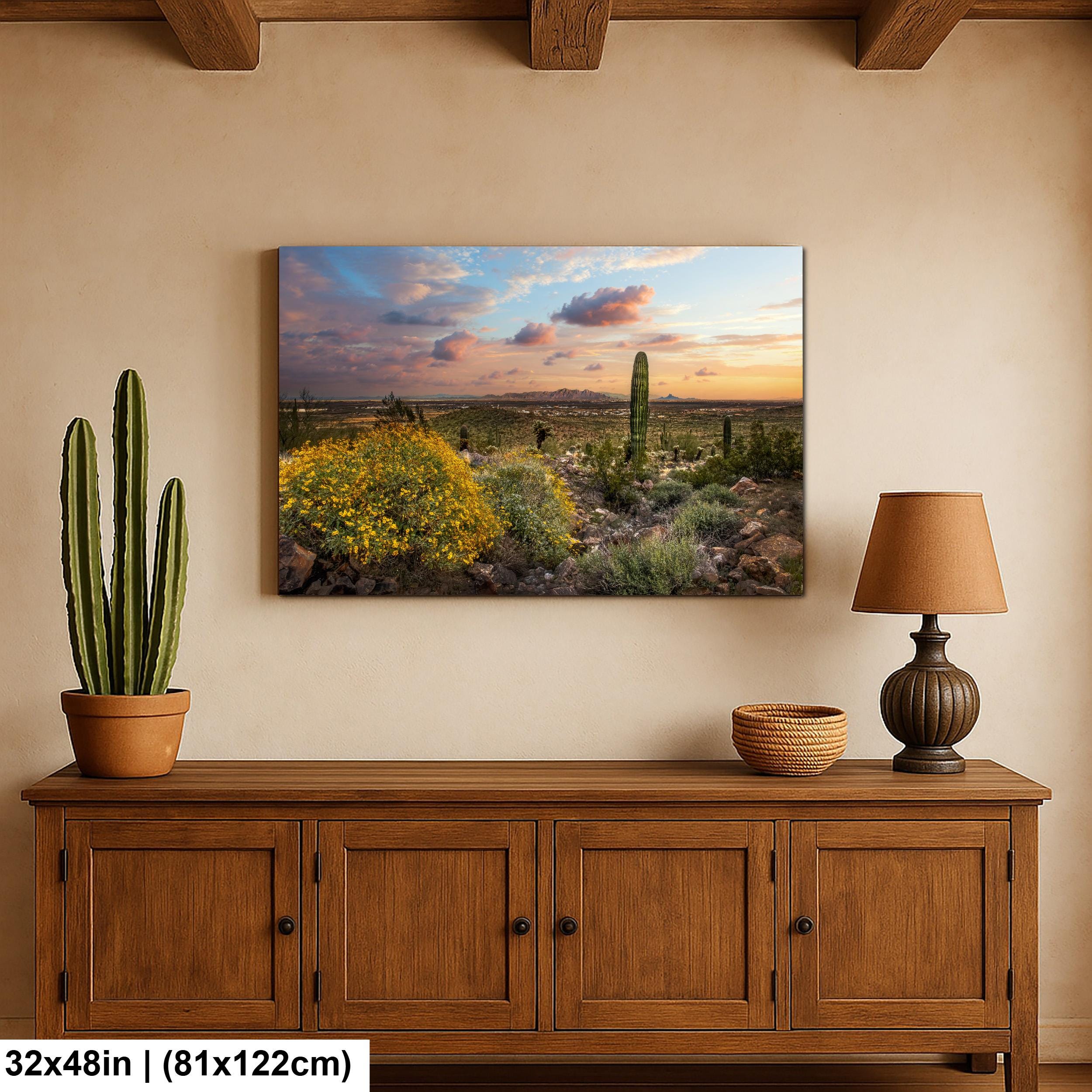 Arizona Sunset Overlook with Saguaros and Wildflowers - Casa Grande Sonoran Desert Photography Print
