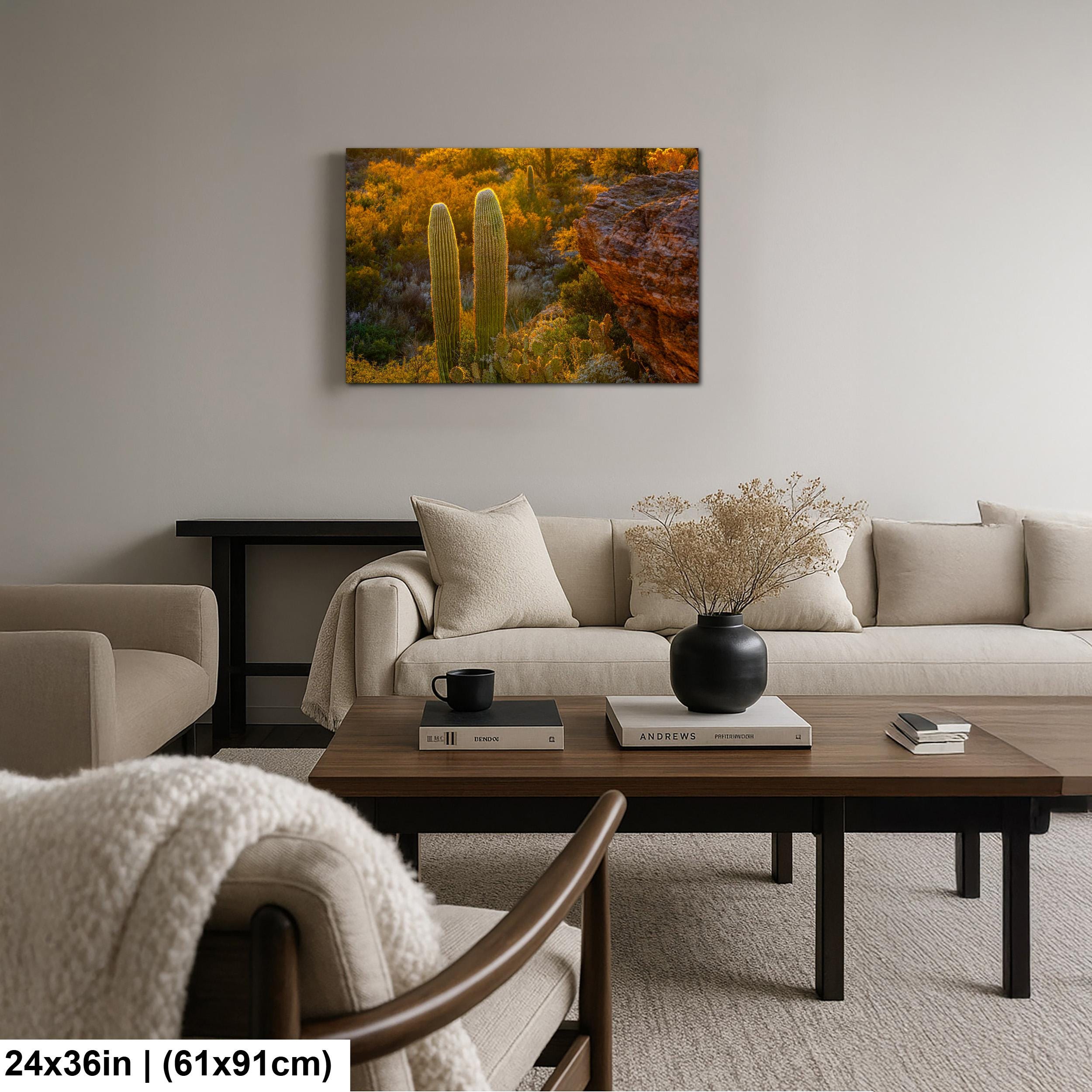 Golden Hour Saguaros Beside Desert Rock Formation Tucson Arizona Photography Print