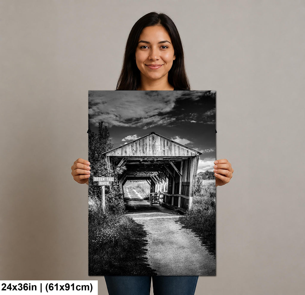 Otter Tail River Covered Bridge in Black and White, Detroit Lakes Minnesota Photography Print