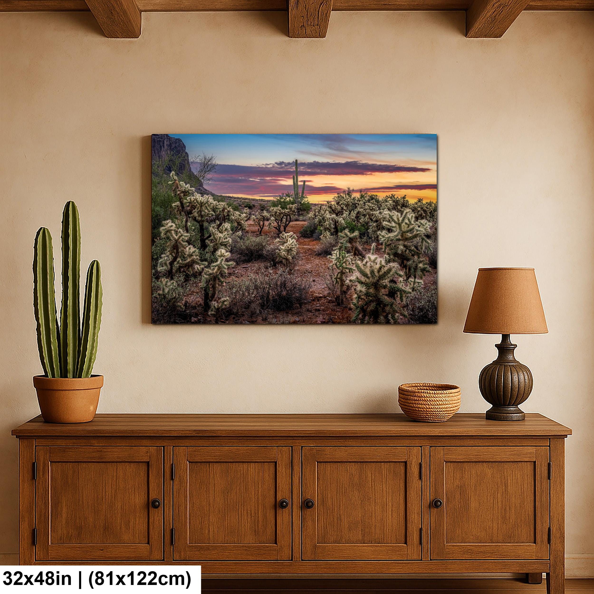 Desert Sunset Photograph, Cholla Cactus and Saguaros, Arizona Landscape Wall Art