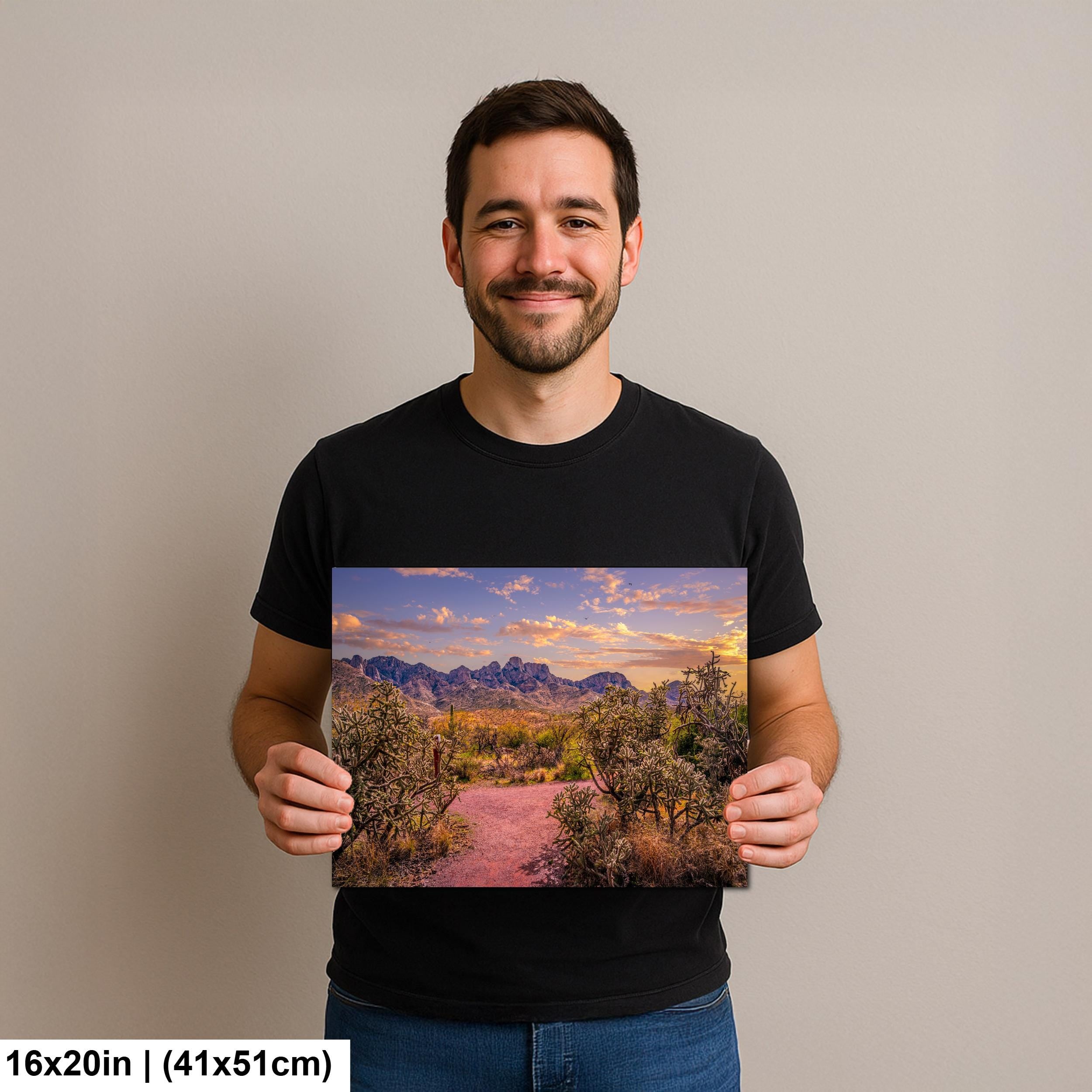 Sonoran Desert Trail Through Cholla Cactus - Tucson Arizona Mountain Sunset Photography Print