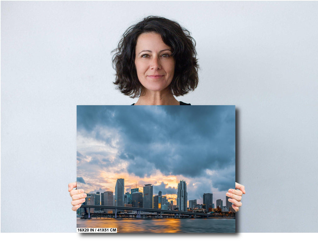 Miami Skyline from the Bay at Sunset: Florida Print Wall Art MacArthur Causeway Bridge Photography Aluminum/Acrylic/Metal/Canvas Home Decor