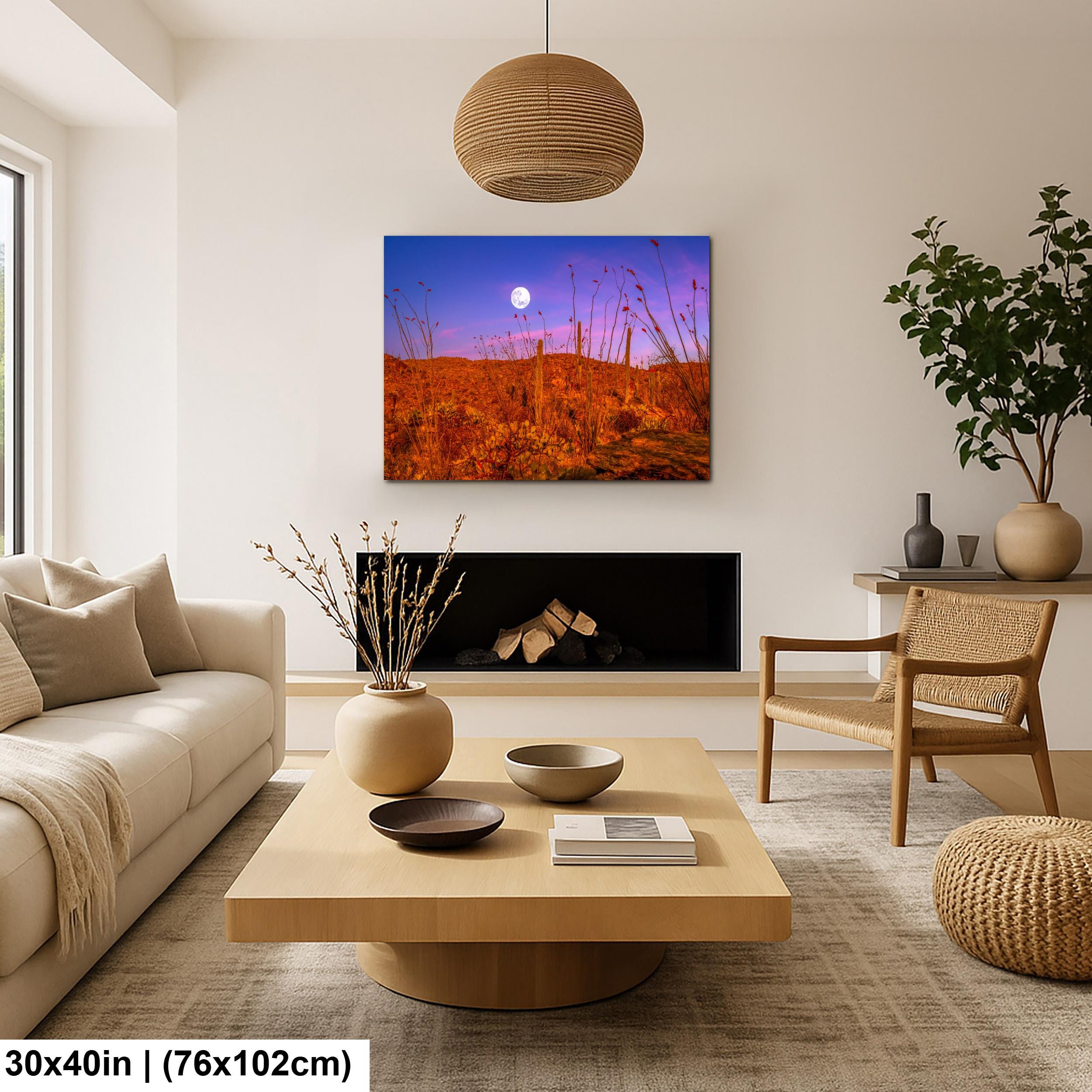 Sonoran Desert Full Moon Print – Saguaros, Ocotillo, Twilight Sky Photography Wall Art