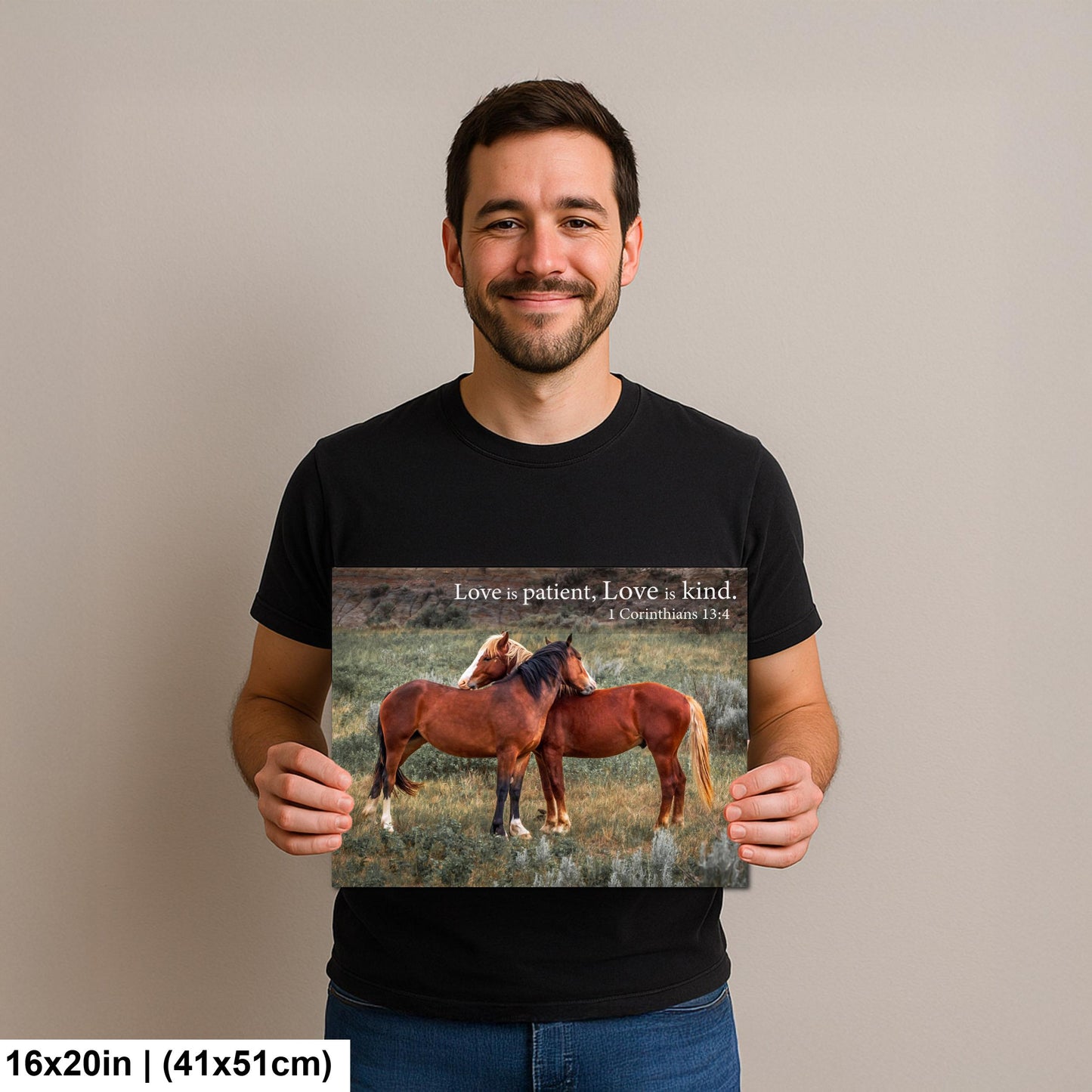 1 Corinthians 13:4 Love Is Patient Love Is Kind Bible Quote, Wild Horses Photography Print, Christian Wall Decor