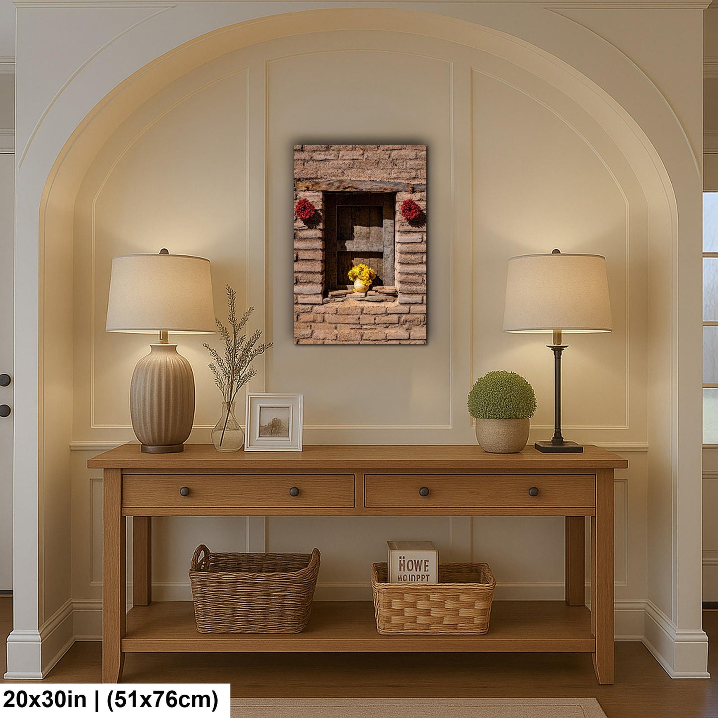 Adobe Wall with Flowers and Chili Ristras, Tucson Arizona, Photography Wall Art