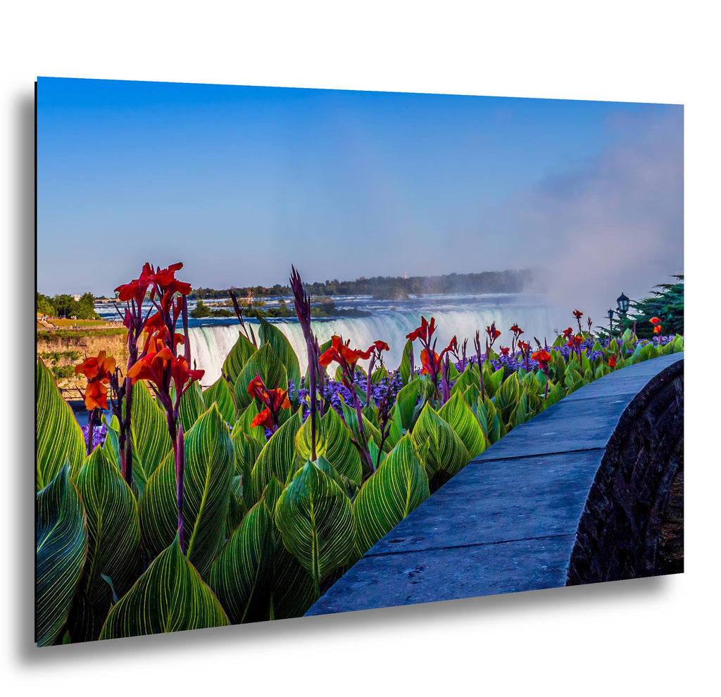 Niagara Falls Garden Overlook Photography Print, Ontario Canada Wall Art, Red Flowers Waterfall Decor