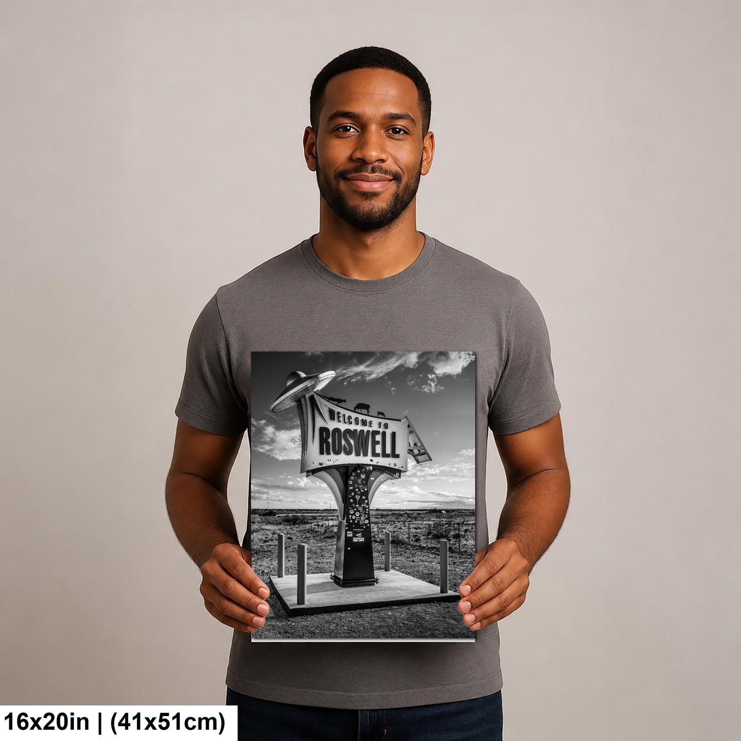 Black and White Roswell New Mexico Welcome Sign Wall Art Print UFO Alien Souvenir