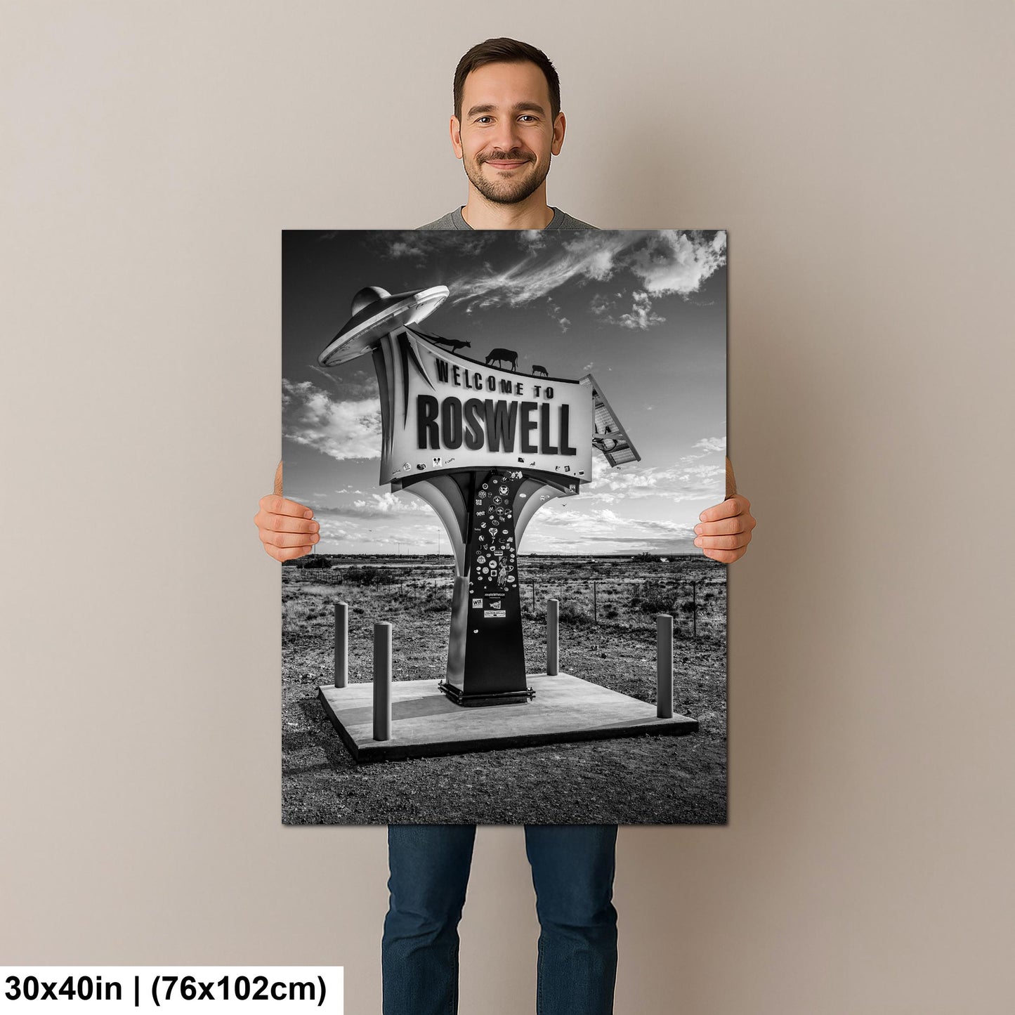 Black and White Roswell New Mexico Welcome Sign Wall Art Print UFO Alien Souvenir