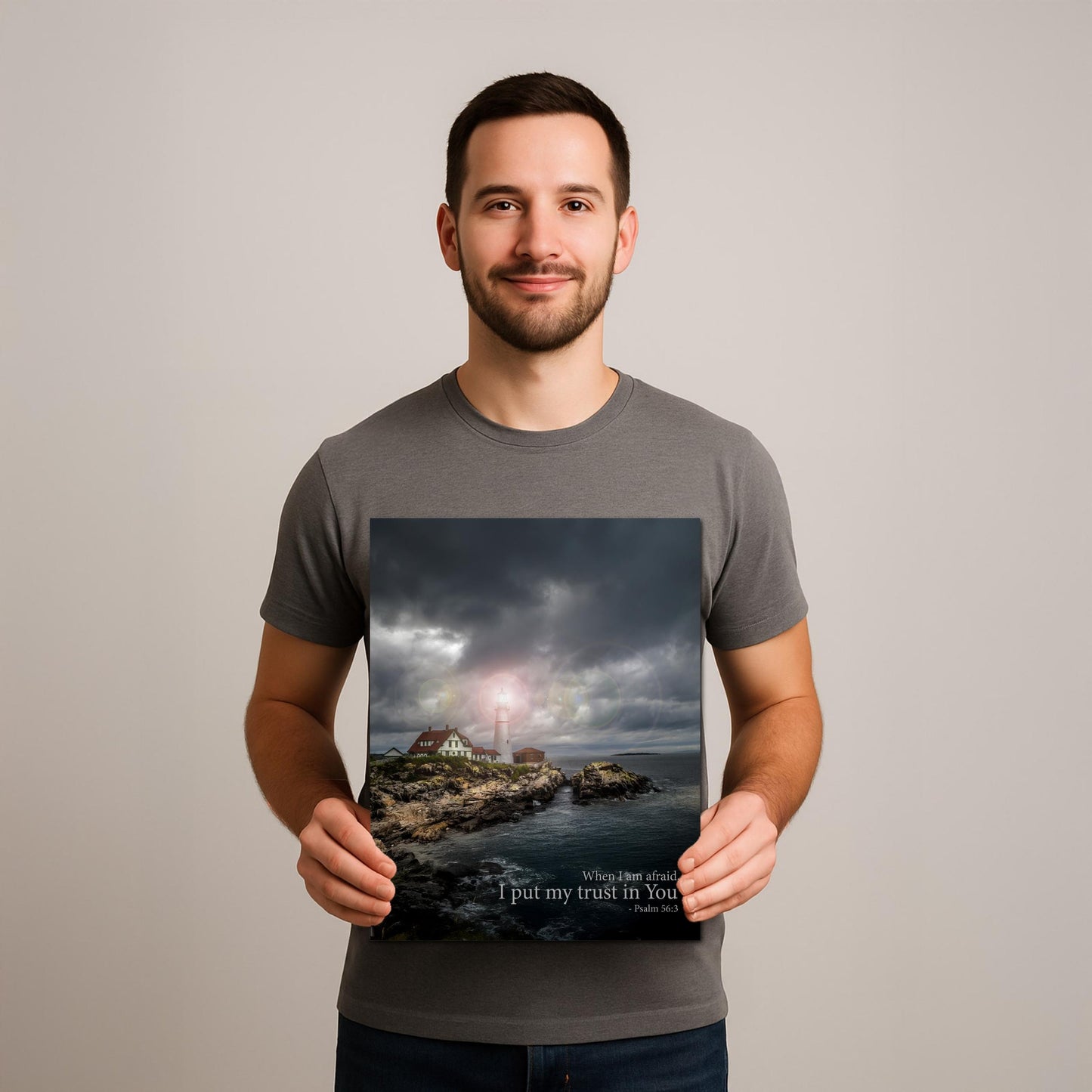 Psalm 56:3 Lighthouse Wall Art – Inspirational Coastal Print with Cape Elizabeth Lighthouse