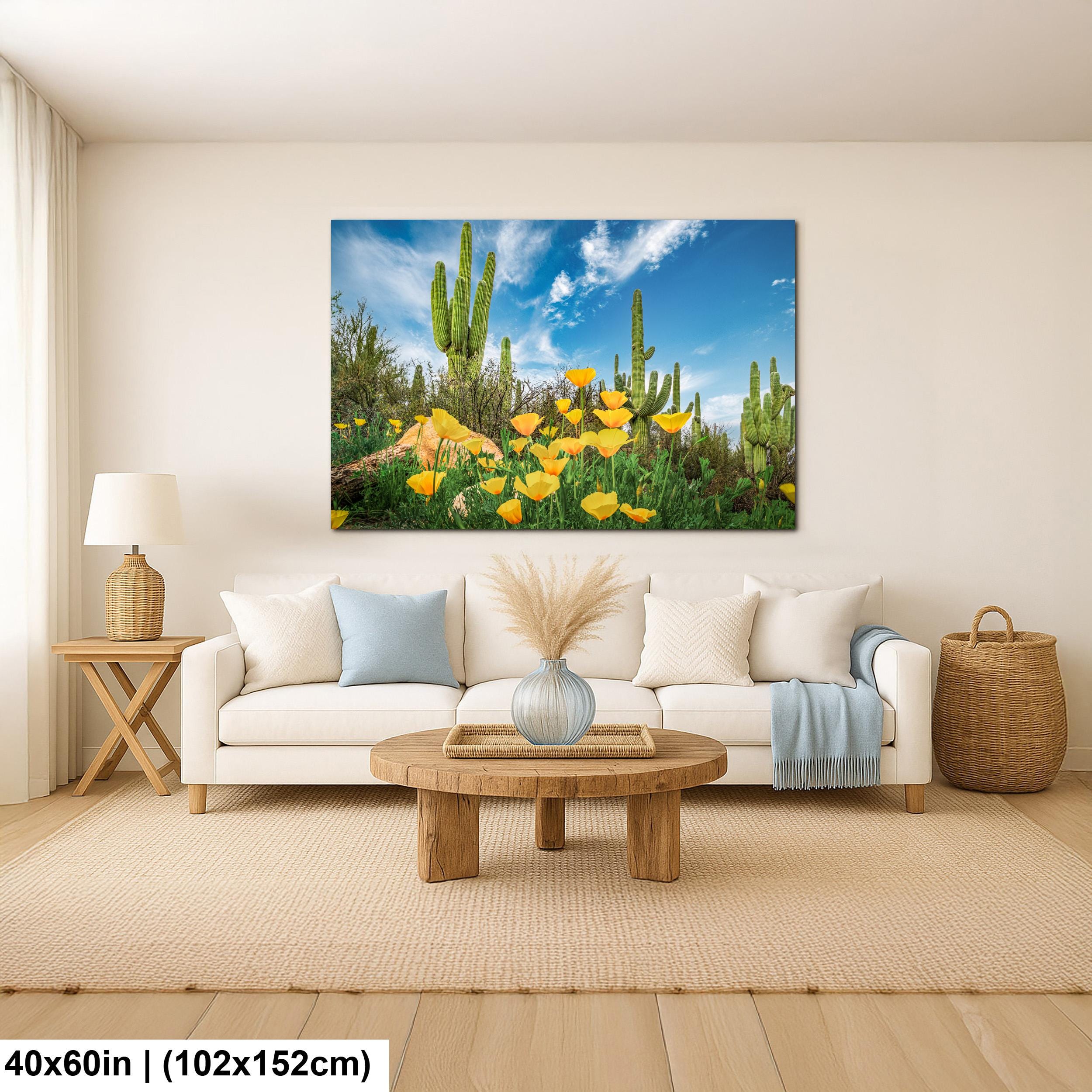Sonoran Desert Yellow Poppies with Saguaros - Catalina State Park Tucson Arizona Photography Print