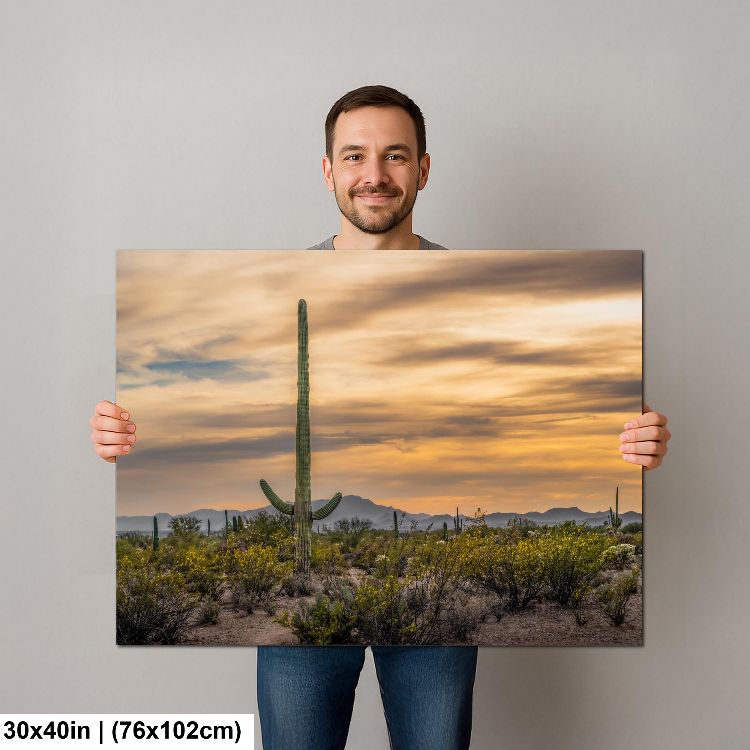 Sonoran Desert Sunset with Saguaro Cactus and Wildflowers Tucson Arizona Photography Print