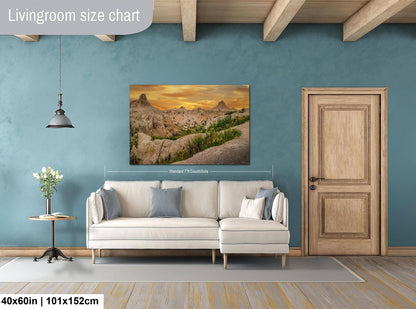 Badlands National Park Sunset, Photography Print, Dramatic Cliffs with Yellow Flowers, South Dakota Landscape Décor